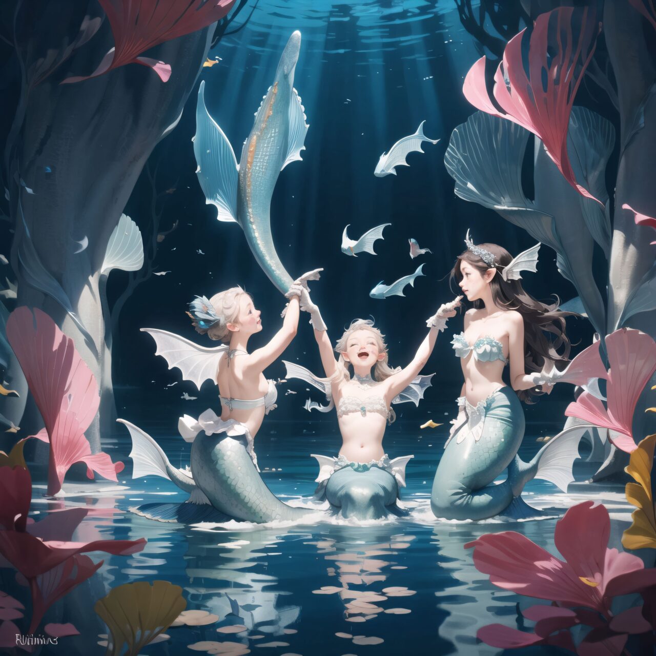 On International Fairy Day, a grand event will be held in the magical world of fairies. The fairy world takes place in a dimly lit cave lit by mysterious lights. The clear air adds to the magical atmosphere.

((Mermaids) are located in the shining lake in the center:1.4), 

Four innocent 18-year-old elf girls are watching them. They have short-cut, bluish-gray hair, flowing locks, and deep blue-green eyes that exude purity. They are dressed in elegant Lolita fashion: black and white lace, intricate patterns, ribbons, ruffles, over-the-knee socks, ruffled hair bands, voluminous petticoats, lace gloves, ruffled aprons, and ruffled short boots.

Ribbons, ruffles, over-the-knee socks, ruffled hair bands, petticoats for volume, lace gloves, ruffled aprons, and ruffled short boots. The girls have innocent, youthful expressions on their faces, with gentle smiles and shy, innocent giggles.

((Mermaids) are known for their enchanting singing voices), 
They sing beautifully and enchant visitors by the magical waterside.

Around them, fairies and mystical creatures of various species gather, creating a lively and colorful scene.


The entire event is filled with laughter, music, and fantastic lights. The fairies celebrate their unity, share stories, and enjoy the enchanted evening. Natural light casts soft shadows, highlighting the delicate details of the fairies' elegant costumes and the subtle textures of their hair and clothing.