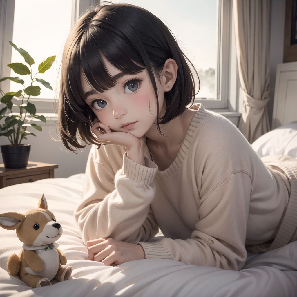 Elven girl,
14 years old,
,
Bob cut,
Shy,
Tilts her head,
Idol pose,
Cosy pyjamas,
Snuggled up in bed on a cold morning,
Room full of stuffed animals and warm blankets,
Foggy window,
Close-up,
Warm ambient lighting,
camera set up above the bed.