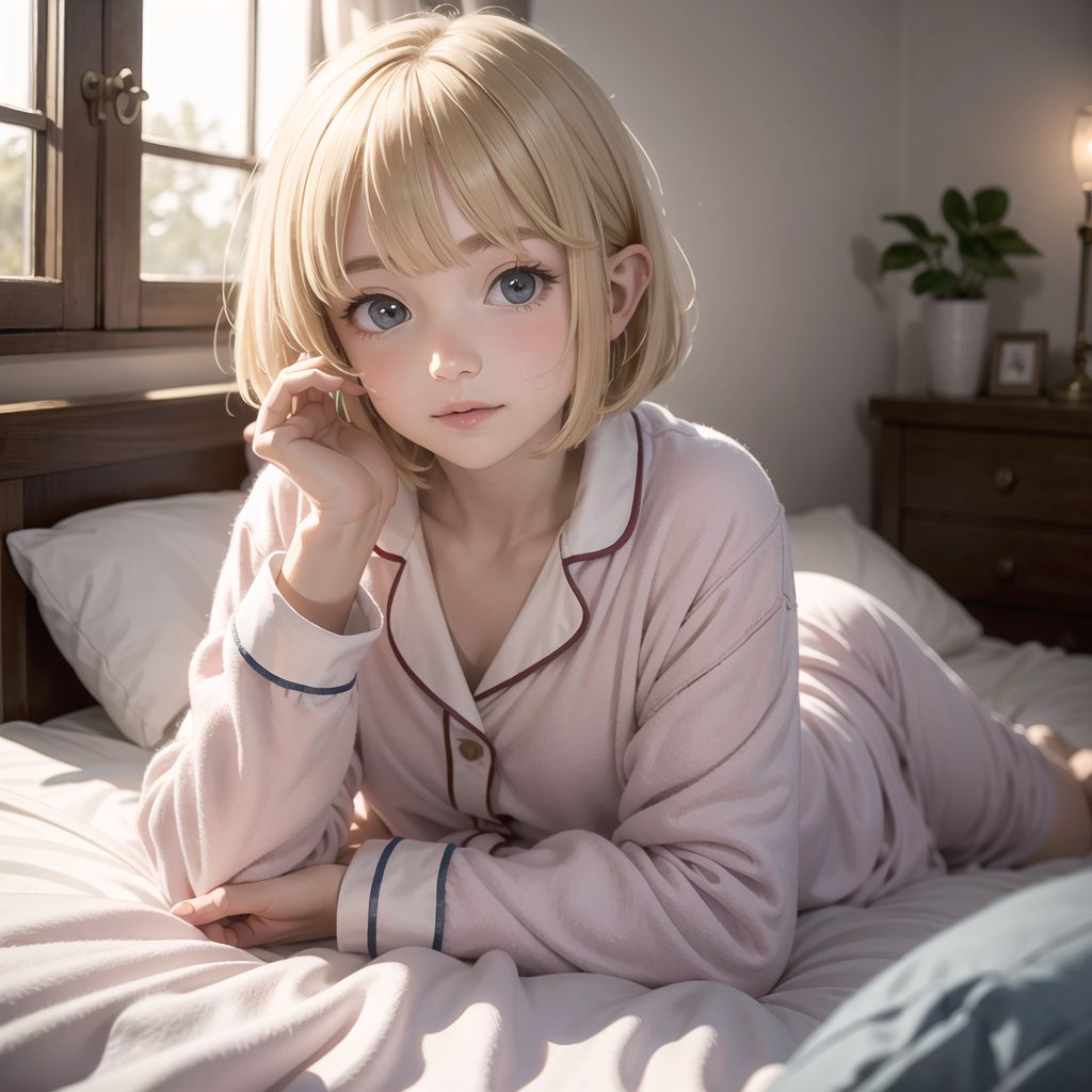 Elven girl,
14 years old,
Blonde hair,
Bob cut,
Shy,
Tilts her head,
Idol pose,
Cosy pyjamas,
Snuggled up in bed on a cold morning,
Room full of stuffed animals and warm blankets,
Foggy window,
Close-up,
Warm ambient lighting,
camera set up above the bed.