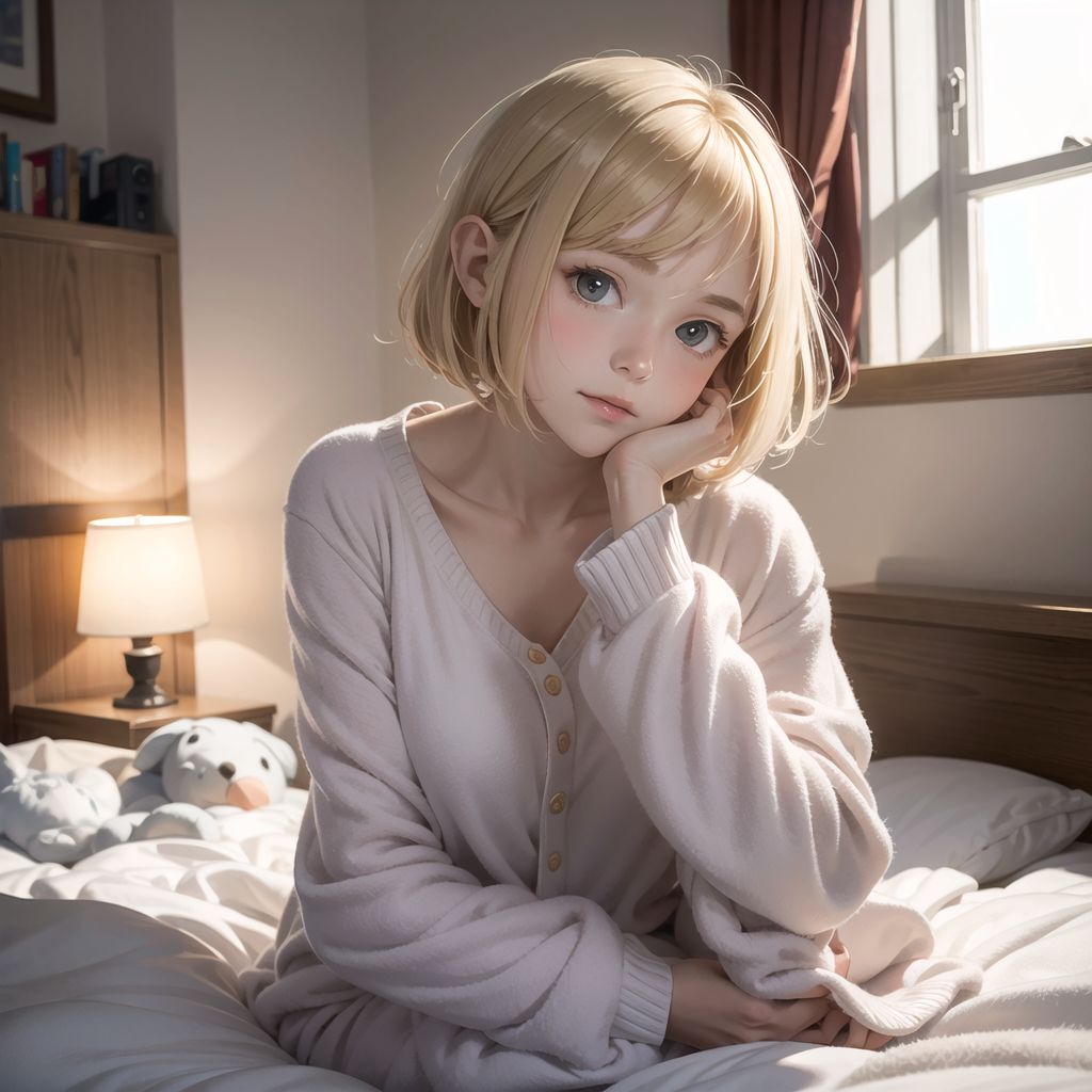 Elven girl,
14 years old,
Blonde hair,
Bob cut,
Shy,
Tilts her head,
Idol pose,
Cosy pyjamas,
Snuggled up in bed on a cold morning,
Room full of stuffed animals and warm blankets,
Foggy window,
Close-up,
Warm ambient lighting,
camera set up above the bed.