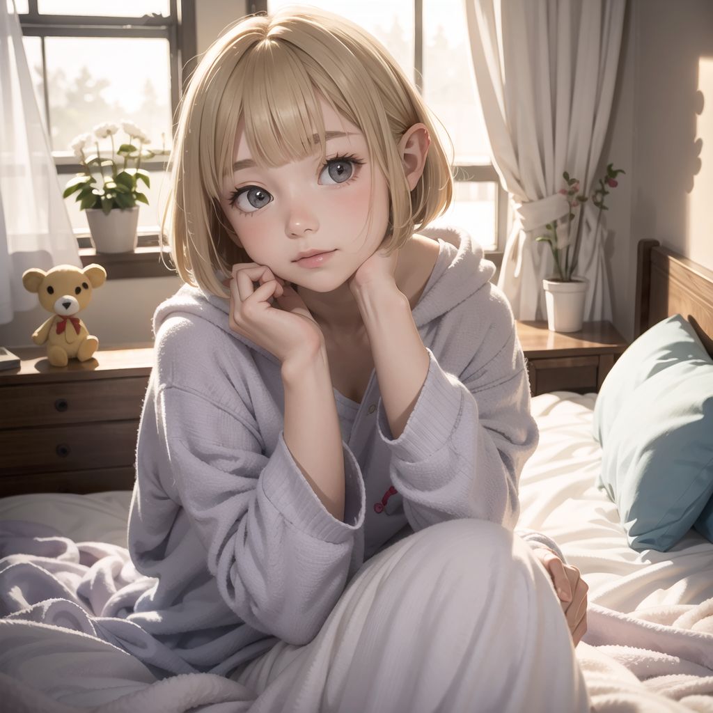 Elven girl,
14 years old,
Blonde hair,
Bob cut,
Shy,
Tilts her head,
Idol pose,
Cosy pyjamas,
Snuggled up in bed on a cold morning,
Room full of stuffed animals and warm blankets,
Foggy window,
Close-up,
Warm ambient lighting,
camera set up above the bed.