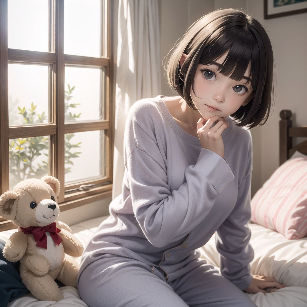 Elven girl,
14 years old,
,
Bob cut,
Shy,
Tilts her head,
Idol pose,
Cosy pyjamas,
Snuggled up in bed on a cold morning,
Room full of stuffed animals and warm blankets,
Foggy window,
Close-up,
Warm ambient lighting,
camera set up above the bed.