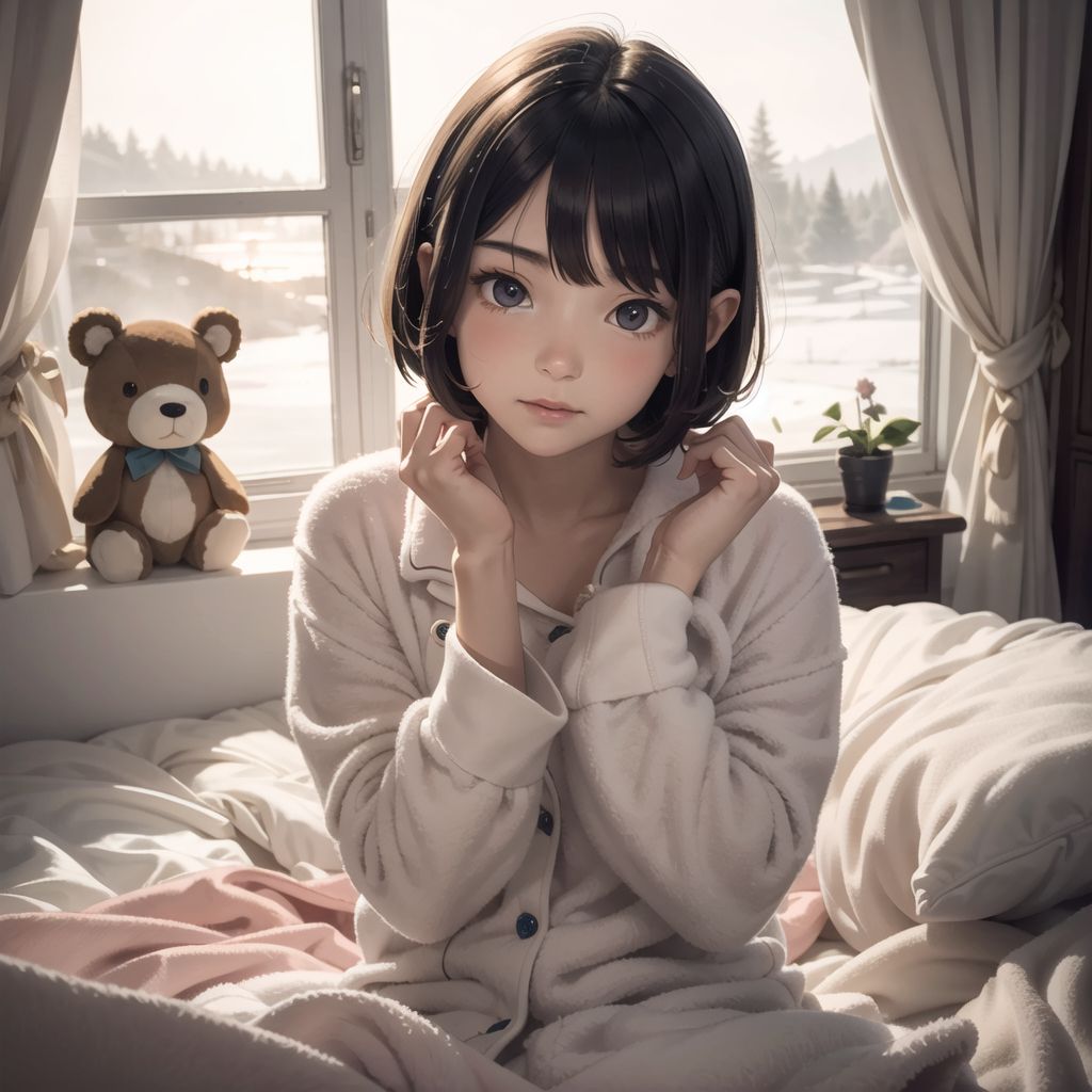 Elven girl,
14 years old,
,
Bob cut,
Shy,
Tilts her head,
Idol pose,
Cosy pyjamas,
Snuggled up in bed on a cold morning,
Room full of stuffed animals and warm blankets,
Foggy window,
Close-up,
Warm ambient lighting,
camera set up above the bed.