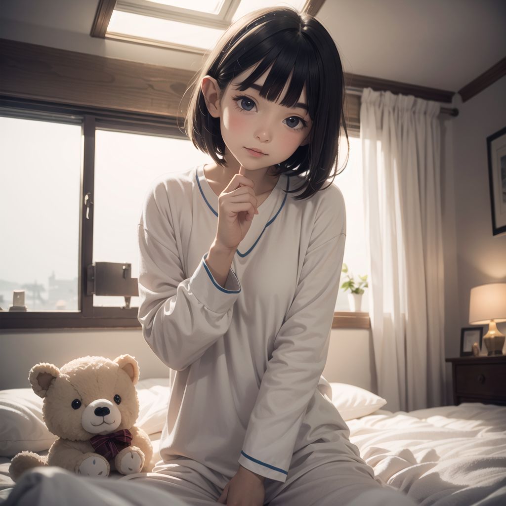 Elven girl,
14 years old,
,
Bob cut,
Shy,
Tilts her head,
Idol pose,
Cosy pyjamas,
Snuggled up in bed on a cold morning,
Room full of stuffed animals and warm blankets,
Foggy window,
Close-up,
Warm ambient lighting,
camera set up above the bed.