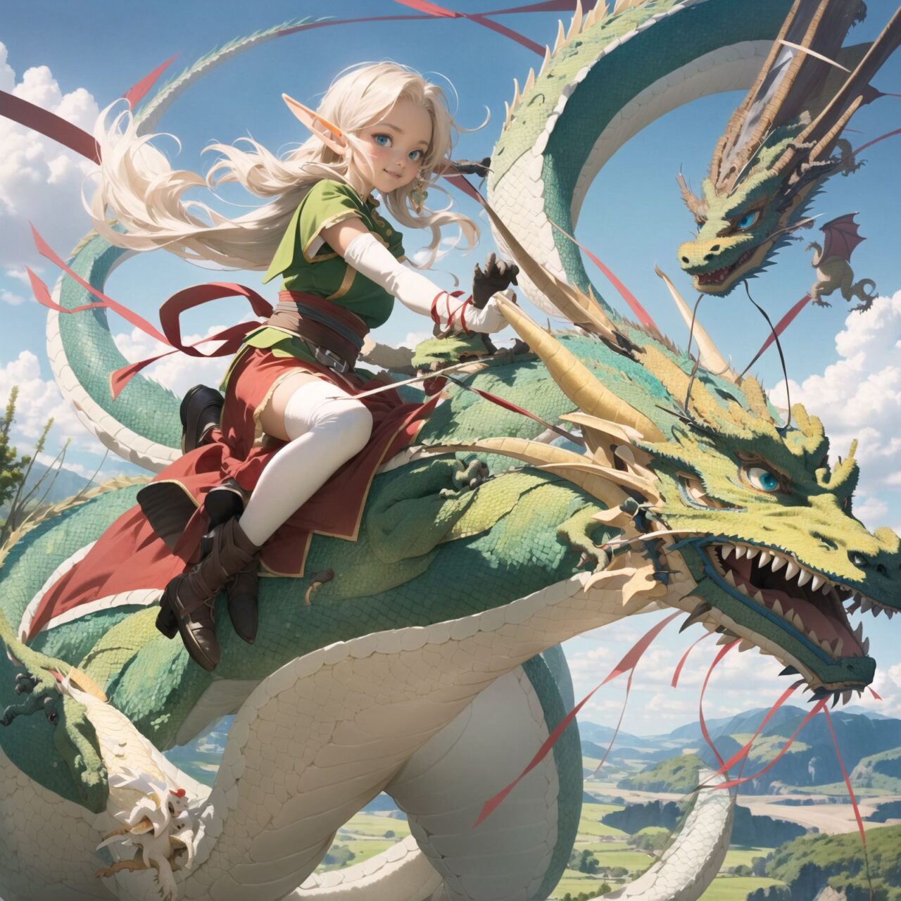 (elf girl riding astride the back of a western dragon as she flies through the air:1.6), (elf girl riding astride the back of a western dragon:1.6), (elf girl riding astride the back of a western dragon:1.6)


They have short-cut, flowing hair of bluish gray, and deep blue-green eyes that exude purity. They are dressed in elegant Lolita fashion: black and white lace, intricate patterns, ribbons, ruffles, over-the-knee socks, ruffled hair bands, voluminous petticoats, lace gloves, ruffled aprons, and ruffled short boots.

Ribbons, ruffles, over-the-knee socks, ruffled hair bands, petticoats for volume, lace gloves, ruffled aprons, and ruffled short boots. The girls have innocent, youthful expressions on their faces, with gentle smiles and shy, innocent giggles.


Around them, fairies and mystical creatures of various species gather, creating a lively and colorful scene.