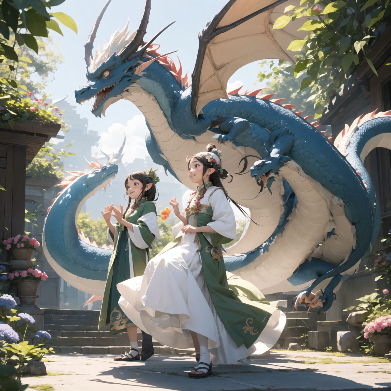 Four innocent 18-year-old elf girls stand on the plateau, watching a heartwarming scene. The elf girls have short, bluish-gray flowing hair, deep blue-green eyes that exude purity, and wear elegant Lolita fashion. They giggle shyly, captivated by the moment.

In front of them, three dragons are gathered. The two European-style dragons, horse-sized, gently shimmer with soft green and blue scales. They spread their wings slightly, as if greeting the elves with a friendly charm. Meanwhile, the Asian-style dragon floats gracefully among the flowers, its long body moving in sync with the wind.

The elves are entranced, watching the dragons as they dance quietly. Surrounding them, fairies and other mystical creatures of various species gather, creating a lively and colorful atmosphere.

Describe the elves' emotions, their interactions with the mystical creatures, and the details of the scene?s atmosphere. Provide a 200-word description that captures both the innocence of the elves and the heartwarming nature of the dragons' dance.