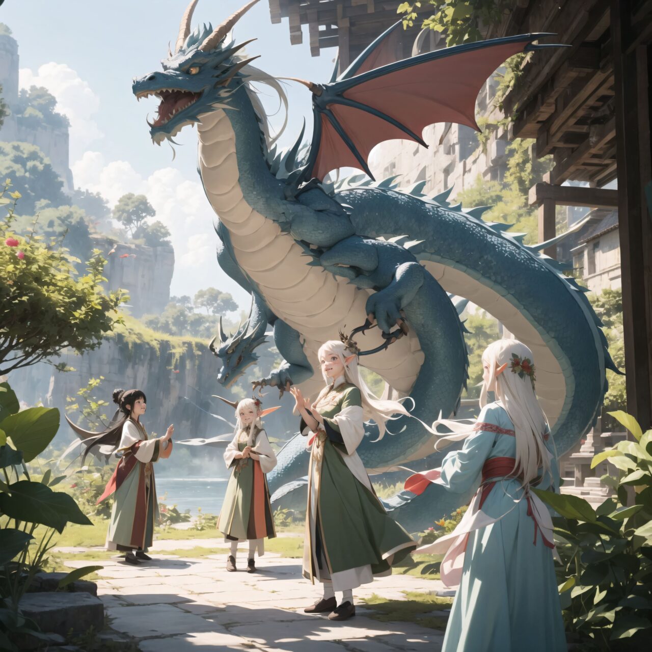 Four innocent 18-year-old elf girls stand on the plateau, watching a heartwarming scene. The elf girls have short, bluish-gray flowing hair, deep blue-green eyes that exude purity, and wear elegant Lolita fashion. They giggle shyly, captivated by the moment.

In front of them, three dragons are gathered. The two European-style dragons, horse-sized, gently shimmer with soft green and blue scales. They spread their wings slightly, as if greeting the elves with a friendly charm. Meanwhile, the Asian-style dragon floats gracefully among the flowers, its long body moving in sync with the wind.

The elves are entranced, watching the dragons as they dance quietly. Surrounding them, fairies and other mystical creatures of various species gather, creating a lively and colorful atmosphere.

Describe the elves' emotions, their interactions with the mystical creatures, and the details of the scene?s atmosphere. Provide a 200-word description that captures both the innocence of the elves and the heartwarming nature of the dragons' dance.