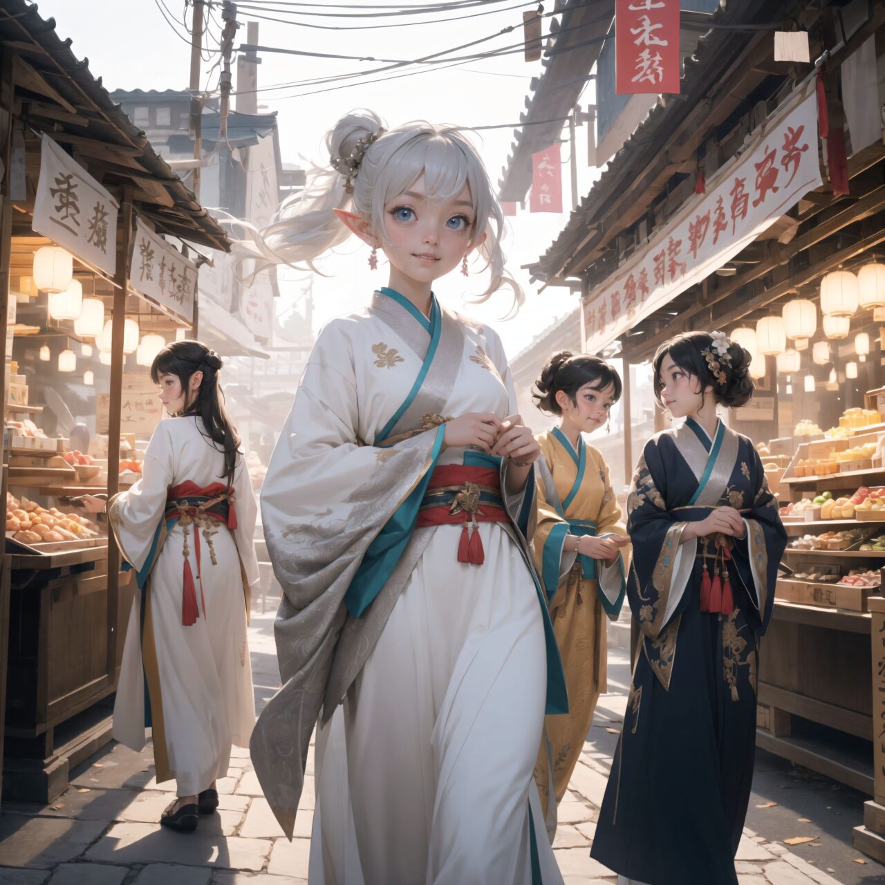 In a lively festival market, three elegant elf girls walk together, dressed in traditional festival attire. The market is bustling with activity, illuminated by glowing lanterns that cast a soft, warm light over the scene. Vibrant stalls line the path, offering colorful trinkets and various foods that fill the air with delightful aromas. Each elf girl has long, flowing hair and wears intricately detailed robes decorated with floral patterns and embroidery. As they stroll, their robes gently sway with their movements. In the background, the towering Dragon Pavilion rises majestically, its intricate structure adorned with banners that flutter softly in the breeze. The girls smile and chat as they make their way towards the pavilion, their eyes sparkling with excitement for the upcoming event.



Innocent pure and charming 16-year-old girl, 
Innocent, youthful expression, gentle smile, shy demeanour,

Embarrassed Idol smile,

dark deep Blue green eyes, shining with purity,
Silver hair, stylish short cut, delicate flow of hair, 





Facing the camera, making eye contact, embodying childlike wonder, 

Cowboy shot, 
Soft, natural posture, youthful, graceful shot, 


flirtatious eyes expression,, an ideal blend of innocence and enchantment, 
Embodies the popular kawaii girl,
Elements of Lolita fashion, fresh and pure poses, exuding natural charm, 


The low angle emphasises her kawaii and highlights the fine textures of her hair and clothes, 
Natural light casts soft shadows and highlights the contours of her youthful face, 


Bringing her into sharp focus,
Shallow depth of field with the *50mm F/1.2 lens for beautiful depth blur with her face in focus, 
High resolution, detailed graphics, 
vivid colors, professional quality,


Ultra-high resolution, capturing every detail from individual strands of hair to the intricate fabrics of her costume,
Professional-grade clarity and contrast bring the vibrant colours to life,


(EasyNegativeV2:-1.5), (worst quality, low quality:-1.2),
(moles:-1.1),(spot on the skin:-1.2),(freckles:-1.3)
 (bad-hands-5:-1.2), (negative_hand-neg:-1.1),