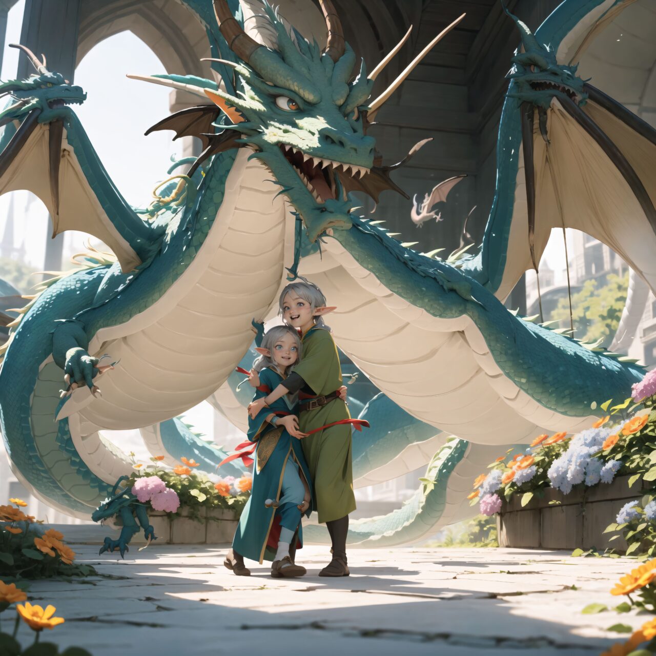 (At the center of the plateau, a dragon the size of a horse with soft green and blue scales that shimmered gently stood before the three elves.
The dragon gazed at the elves with its small round eyes, and spread its wings slightly to greet them. Its appearance was endearing and heartwarming.
The dragons were wiggling their long bodies and happily flying around among the flowers. Their movements seemed to be one with the wind, and a quiet dance party was unfolding among the dragons. The elves were captivated by the cute scene and happily watched on:1.5),


Innocent pure and charming 16-year-old girl, 
Innocent, youthful expression, gentle smile, shy demeanour,

Embarrassed Idol smile,

dark deep Blue green eyes, shining with purity,
Silver hair, stylish short cut, delicate flow of hair, 




Facing the camera, making eye contact, embodying childlike wonder, 

Cowboy shot, 
Soft, natural posture, youthful, graceful shot, 


flirtatious eyes expression,, an ideal blend of innocence and enchantment, 
Embodies the popular kawaii girl,
Elements of Lolita fashion, fresh and pure poses, exuding natural charm, 


The low angle emphasises her kawaii and highlights the fine textures of her hair and clothes, 
Natural light casts soft shadows and highlights the contours of her youthful face, 


Bringing her into sharp focus,
Shallow depth of field with the *50mm F/1.2 lens for beautiful depth blur with her face in focus, 
High resolution, detailed graphics, 
vivid colors, professional quality,


Ultra-high resolution, capturing every detail from individual strands of hair to the intricate fabrics of her costume,
Professional-grade clarity and contrast bring the vibrant colours to life,


(EasyNegativeV2:-1.5), (worst quality, low quality:-1.2),
(moles:-1.1),(spot on the skin:-1.2),(freckles:-1.3)
 (bad-hands-5:-1.2), (negative_hand-neg:-1.1),