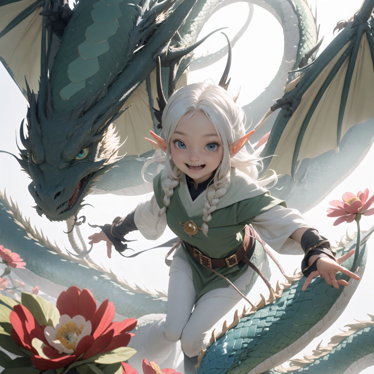 (At the center of the plateau, a dragon the size of a horse with soft green and blue scales that shimmered gently stood before the three elves.
The dragon gazed at the elves with its small round eyes, and spread its wings slightly to greet them. Its appearance was endearing and heartwarming.
The dragons were wiggling their long bodies and happily flying around among the flowers. Their movements seemed to be one with the wind, and a quiet dance party was unfolding among the dragons. The elves were captivated by the cute scene and happily watched on:1.5),


Innocent pure and charming 16-year-old girl, 
Innocent, youthful expression, gentle smile, shy demeanour,

Embarrassed Idol smile,

dark deep Blue green eyes, shining with purity,
Silver hair, stylish short cut, delicate flow of hair, 




Facing the camera, making eye contact, embodying childlike wonder, 

Cowboy shot, 
Soft, natural posture, youthful, graceful shot, 


flirtatious eyes expression,, an ideal blend of innocence and enchantment, 
Embodies the popular kawaii girl,
Elements of Lolita fashion, fresh and pure poses, exuding natural charm, 


The low angle emphasises her kawaii and highlights the fine textures of her hair and clothes, 
Natural light casts soft shadows and highlights the contours of her youthful face, 


Bringing her into sharp focus,
Shallow depth of field with the *50mm F/1.2 lens for beautiful depth blur with her face in focus, 
High resolution, detailed graphics, 
vivid colors, professional quality,


Ultra-high resolution, capturing every detail from individual strands of hair to the intricate fabrics of her costume,
Professional-grade clarity and contrast bring the vibrant colours to life,


(EasyNegativeV2:-1.5), (worst quality, low quality:-1.2),
(moles:-1.1),(spot on the skin:-1.2),(freckles:-1.3)
 (bad-hands-5:-1.2), (negative_hand-neg:-1.1),