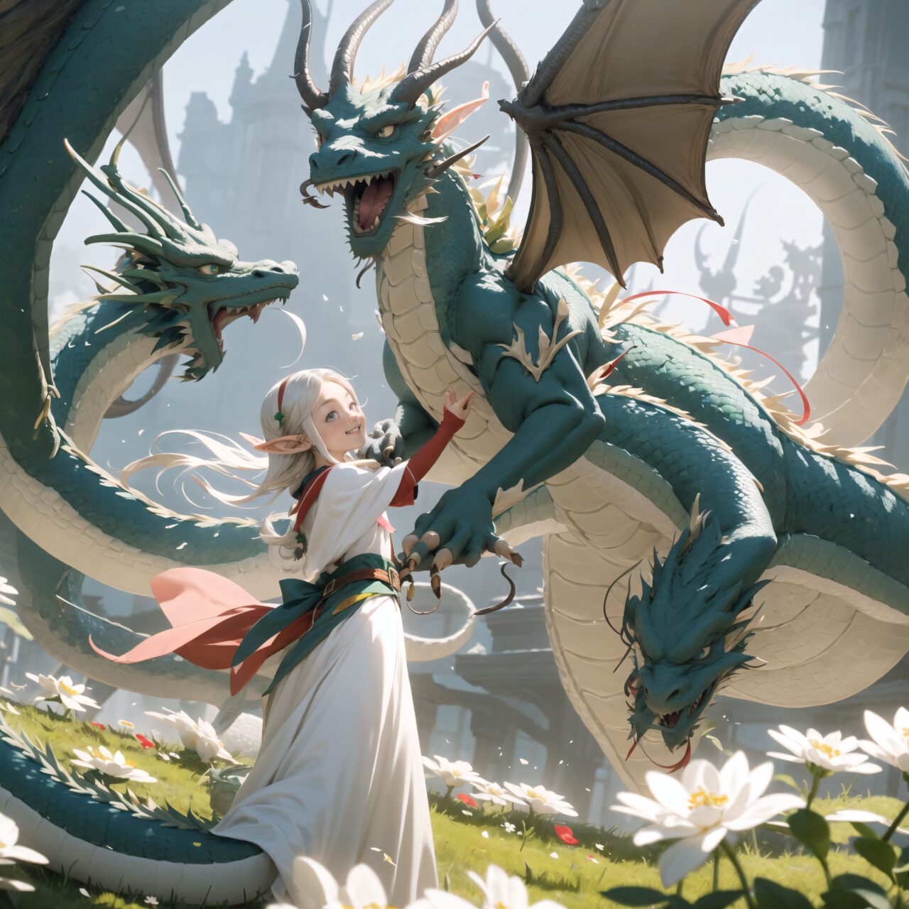 (At the center of the plateau, a dragon the size of a horse with soft green and blue scales that shimmered gently stood before the three elves.
The dragon gazed at the elves with its small round eyes, and spread its wings slightly to greet them. Its appearance was endearing and heartwarming.
The dragons were wiggling their long bodies and happily flying around among the flowers. Their movements seemed to be one with the wind, and a quiet dance party was unfolding among the dragons. The elves were captivated by the cute scene and happily watched on:1.5),


Innocent pure and charming 16-year-old girl, 
Innocent, youthful expression, gentle smile, shy demeanour,

Embarrassed Idol smile,

dark deep Blue green eyes, shining with purity,
Silver hair, stylish short cut, delicate flow of hair, 




Facing the camera, making eye contact, embodying childlike wonder, 

Cowboy shot, 
Soft, natural posture, youthful, graceful shot, 


flirtatious eyes expression,, an ideal blend of innocence and enchantment, 
Embodies the popular kawaii girl,
Elements of Lolita fashion, fresh and pure poses, exuding natural charm, 


The low angle emphasises her kawaii and highlights the fine textures of her hair and clothes, 
Natural light casts soft shadows and highlights the contours of her youthful face, 


Bringing her into sharp focus,
Shallow depth of field with the *50mm F/1.2 lens for beautiful depth blur with her face in focus, 
High resolution, detailed graphics, 
vivid colors, professional quality,


Ultra-high resolution, capturing every detail from individual strands of hair to the intricate fabrics of her costume,
Professional-grade clarity and contrast bring the vibrant colours to life,


(EasyNegativeV2:-1.5), (worst quality, low quality:-1.2),
(moles:-1.1),(spot on the skin:-1.2),(freckles:-1.3)
 (bad-hands-5:-1.2), (negative_hand-neg:-1.1),