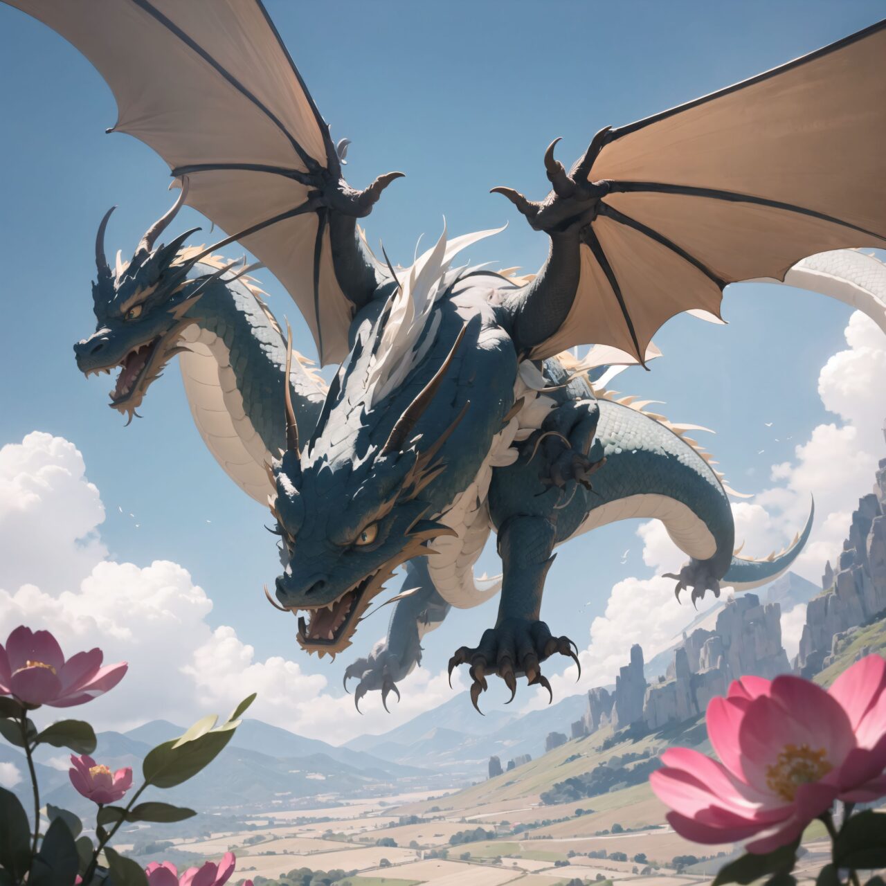 The dragon soars high into the sky and begins to dance lightly with the gentle breeze.
It is as if nature itself is blessing the dragon.
On the ground, flowers are carried high into the sky by the wind, and a soft light spreads out all around.
The camera looks up at the dragon from the ground through the elf, 
the screen is enveloped in a sacred and beautiful energy.