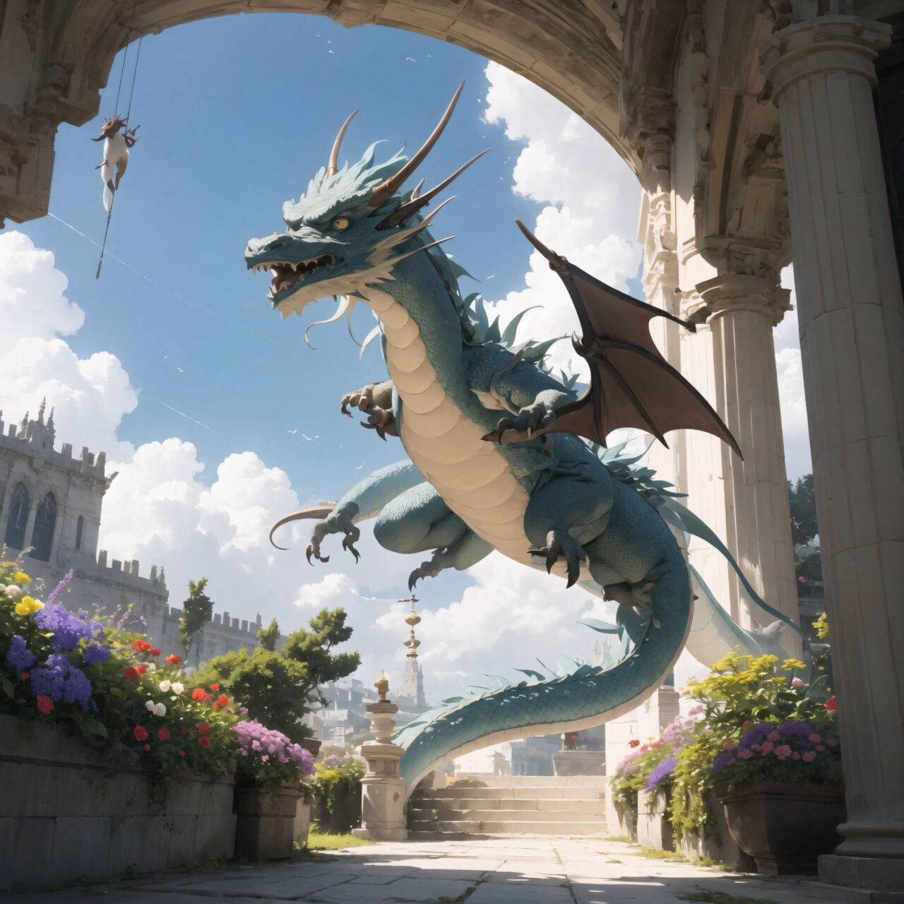 The dragon soars high into the sky and begins to dance lightly with the gentle breeze.
It is as if nature itself is blessing the dragon.
On the ground, flowers are carried high into the sky by the wind, and a soft light spreads out all around.
The camera looks up at the dragon from the ground through the elf, 
the screen is enveloped in a sacred and beautiful energy.