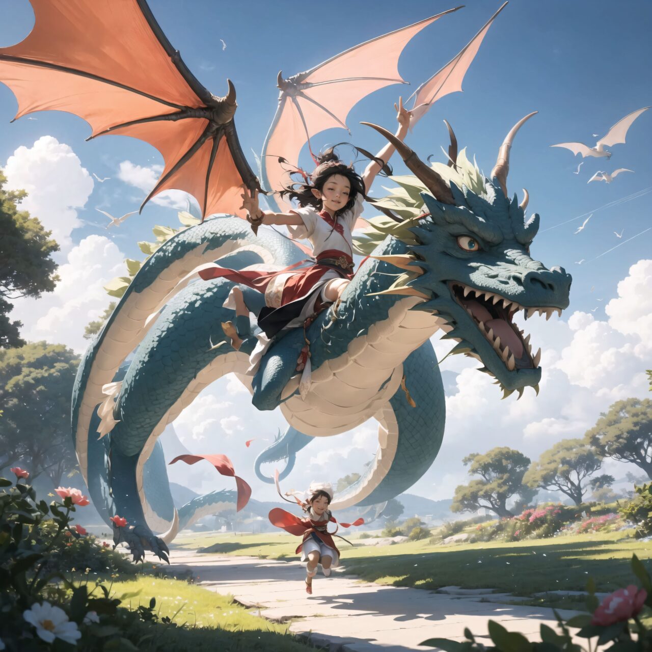 An elf idol girl is looking up at a dragon gracefully dancing in the sky.
The dragon soars high into the sky, and begins to dance lightly with the gentle breeze above.
It is as if nature itself is blessing the dragon.
On the ground, flowers are carried aloft on the wind, and a soft light spreads out all around.
The screen is enveloped in a sacred and beautiful energy.