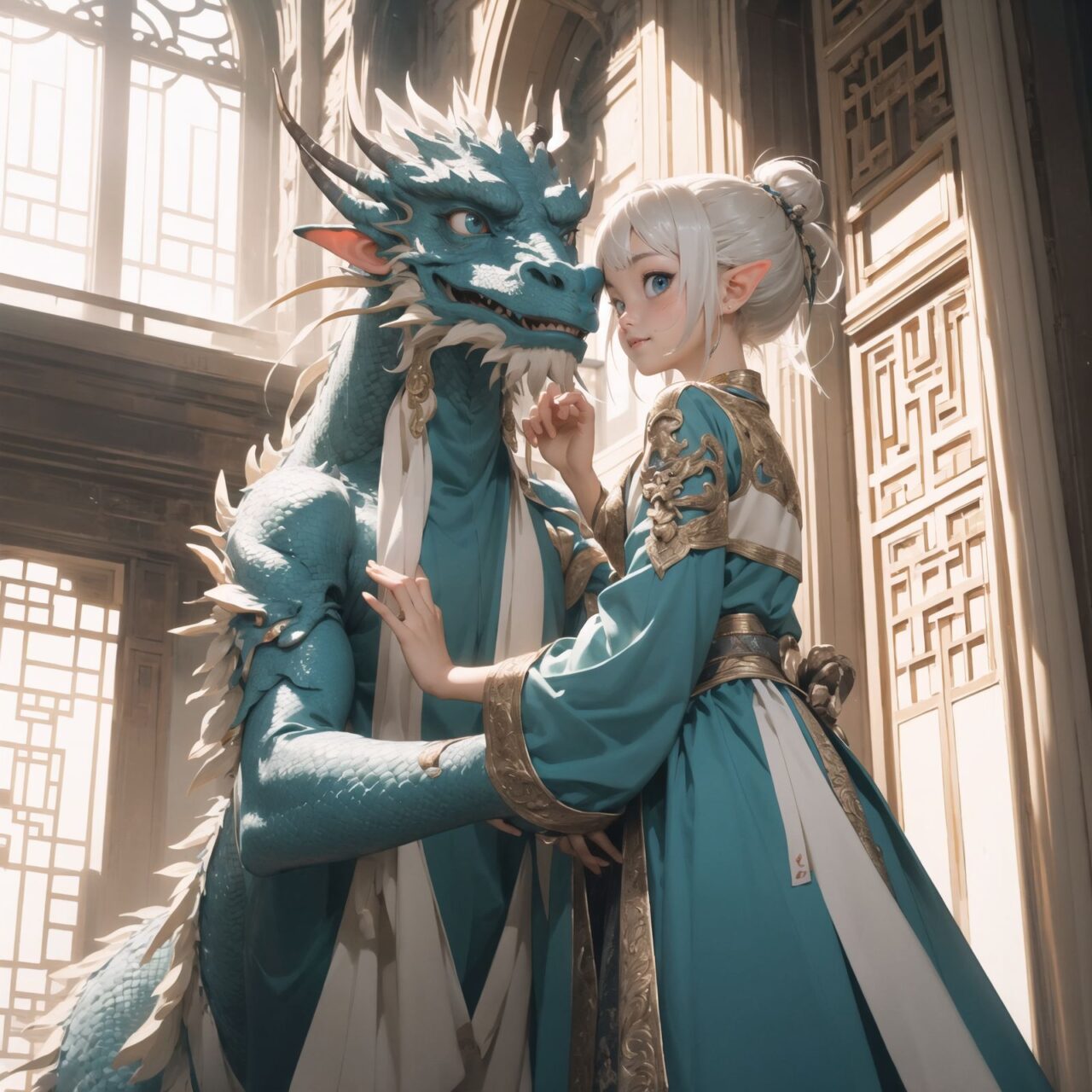 Innocent pure and charming 16-year-old girl, 
Innocent, youthful expression, gentle smile, shy demeanour,

Embarrassed Idol smile,

dark deep Blue green eyes, shining with purity,
Silver hair, stylish short cut, delicate flow of hair, 


The elves standing at the grand entrance of the Dragon Pavilion, greeted by a twin-headed dragon sculpture flanking the massive stone doors. The dragon?s two heads are carved from marble, their eyes glowing with a faint magical light. The elves pause, admiring the craftsmanship, before gently touching the dragon?s snout as a gesture of reverence. Behind them, the bustling market fades into the distance, the sounds of merchants and festival-goers replaced by the soft rustle of leaves and distant dragon roars.


Facing the camera, making eye contact, embodying childlike wonder, 

Cowboy shot, 
Soft, natural posture, youthful, graceful shot, 


flirtatious eyes expression,, an ideal blend of innocence and enchantment, 
Embodies the popular kawaii girl,
Elements of Lolita fashion, fresh and pure poses, exuding natural charm, 


The low angle emphasises her kawaii and highlights the fine textures of her hair and clothes, 
Natural light casts soft shadows and highlights the contours of her youthful face, 


Bringing her into sharp focus,
Shallow depth of field with the *50mm F/1.2 lens for beautiful depth blur with her face in focus, 
High resolution, detailed graphics, 
vivid colors, professional quality,


Ultra-high resolution, capturing every detail from individual strands of hair to the intricate fabrics of her costume,
Professional-grade clarity and contrast bring the vibrant colours to life,