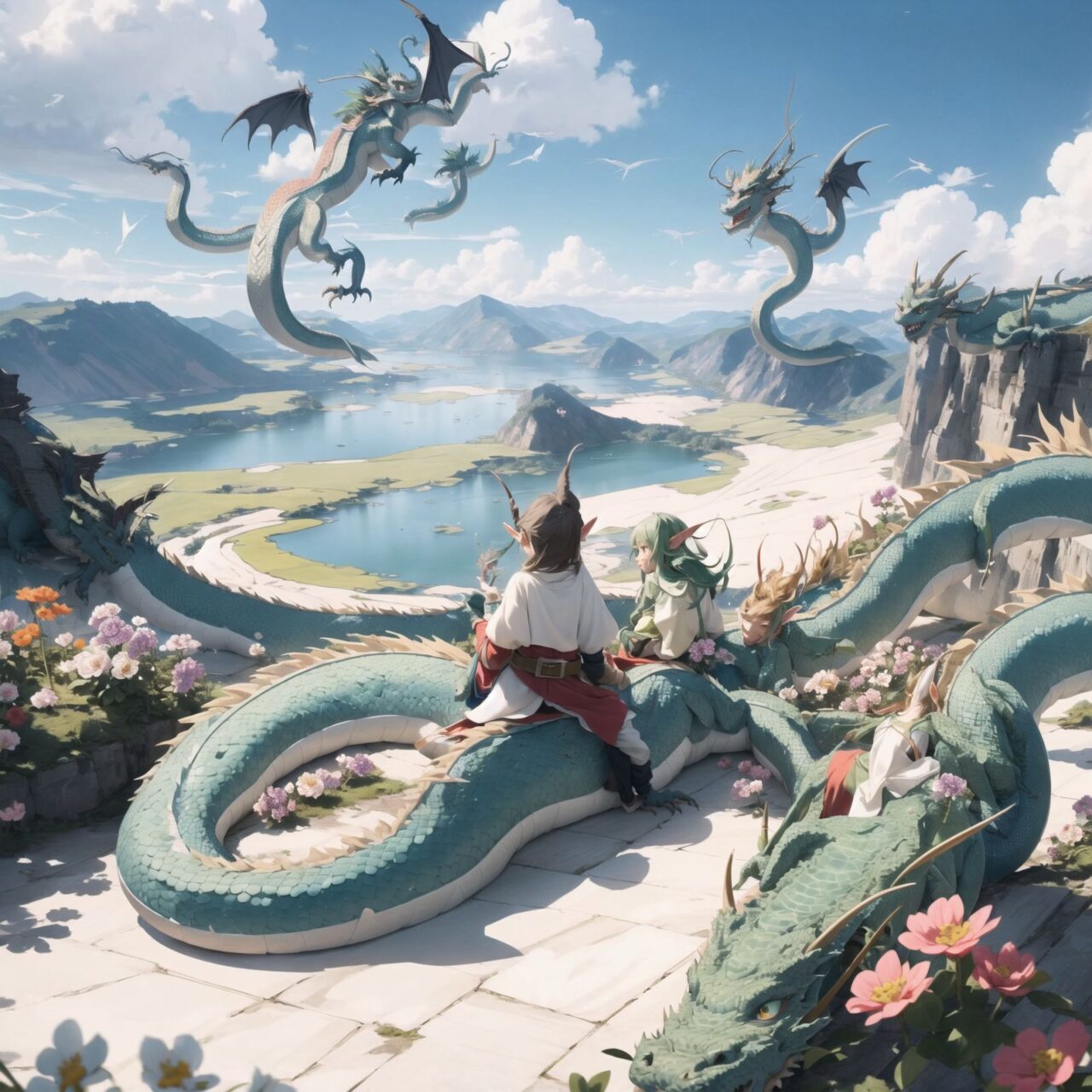 (Elf girl flying in the sky on the back of the western dragon: 1.5), (Elf girl flying in the sky on the back of the western dragon: 1.4), (Elf girl flying in the sky on the back of the western dragon: 1.6)

(The elves were flying over the plateau, leaning back on the backs of the dragons. The view from the backs of the dragons, as they were blown along by the gentle wind, was magnificent, with the flowers and lakes spread out on the ground shining. The dragons gently led the elves, allowing them to feel the beauty and power of nature as they flew freely through the air. The journey through the air became an experience that would remain with them forever:1.7),

They have short, bluish-gray hair that flows in a cascade, and deep blue-green eyes that exude purity. They are dressed in elegant Lolita fashion: black and white lace, intricate patterns, ribbons, frills, knee-high socks, frilly hair bands, voluminous petticoats, lace gloves, frilly aprons, and frilly short boots.

Ribbons, ruffles, over-the-knee socks, ruffled hairbands, petticoats with a sense of volume, lace gloves, ruffled aprons, ruffled short boots. The girls' expressions are innocent and youthful, and their gentle smiles and bashful laughter are very memorable.


All around them, fairies and mysterious creatures of all kinds gather to create a lively and colorful scene.