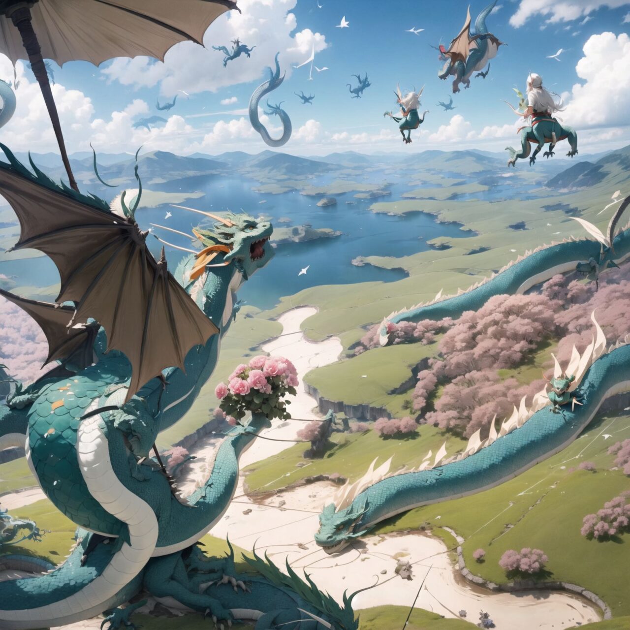 (Elf girl flying in the sky on the back of the western dragon: 1.5), (Elf girl flying in the sky on the back of the western dragon: 1.4), (Elf girl flying in the sky on the back of the western dragon: 1.6)

(The elves were flying over the plateau, leaning back on the backs of the dragons. The view from the backs of the dragons, as they were blown along by the gentle wind, was magnificent, with the flowers and lakes spread out on the ground shining. The dragons gently led the elves, allowing them to feel the beauty and power of nature as they flew freely through the air. The journey through the air became an experience that would remain with them forever:1.7),

They have short, bluish-gray hair that flows in a cascade, and deep blue-green eyes that exude purity. They are dressed in elegant Lolita fashion: black and white lace, intricate patterns, ribbons, frills, knee-high socks, frilly hair bands, voluminous petticoats, lace gloves, frilly aprons, and frilly short boots.

Ribbons, ruffles, over-the-knee socks, ruffled hairbands, petticoats with a sense of volume, lace gloves, ruffled aprons, ruffled short boots. The girls' expressions are innocent and youthful, and their gentle smiles and bashful laughter are very memorable.


All around them, fairies and mysterious creatures of all kinds gather to create a lively and colorful scene.