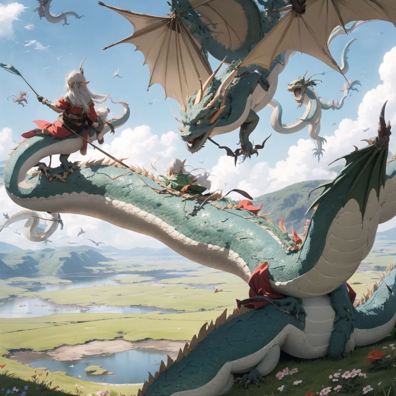 (Elf girl flying in the sky on the back of the western dragon: 1.5), (Elf girl flying in the sky on the back of the western dragon: 1.4), (Elf girl flying in the sky on the back of the western dragon: 1.6)

(The elves were flying over the plateau, leaning back on the backs of the dragons. The view from the backs of the dragons, as they were blown along by the gentle wind, was magnificent, with the flowers and lakes spread out on the ground shining. The dragons gently led the elves, allowing them to feel the beauty and power of nature as they flew freely through the air. The journey through the air became an experience that would remain with them forever:1.7),

They have short, bluish-gray hair that flows in a cascade, and deep blue-green eyes that exude purity. They are dressed in elegant Lolita fashion: black and white lace, intricate patterns, ribbons, frills, knee-high socks, frilly hair bands, voluminous petticoats, lace gloves, frilly aprons, and frilly short boots.

Ribbons, ruffles, over-the-knee socks, ruffled hairbands, petticoats with a sense of volume, lace gloves, ruffled aprons, ruffled short boots. The girls' expressions are innocent and youthful, and their gentle smiles and bashful laughter are very memorable.


All around them, fairies and mysterious creatures of all kinds gather to create a lively and colorful scene.