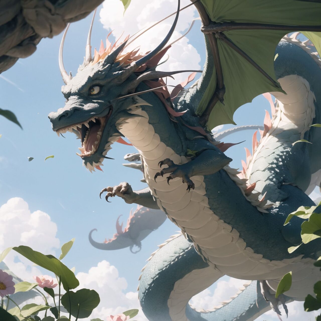 The dragon soars high into the sky and begins to dance lightly with the gentle breeze.
It is as if nature itself is blessing the dragon.
On the ground, flowers are lifted up by the wind, and a soft light spreads out all around.
The camera looks up at the dragon through the elf from the ground,
and the screen is enveloped in a sacred and beautiful energy.