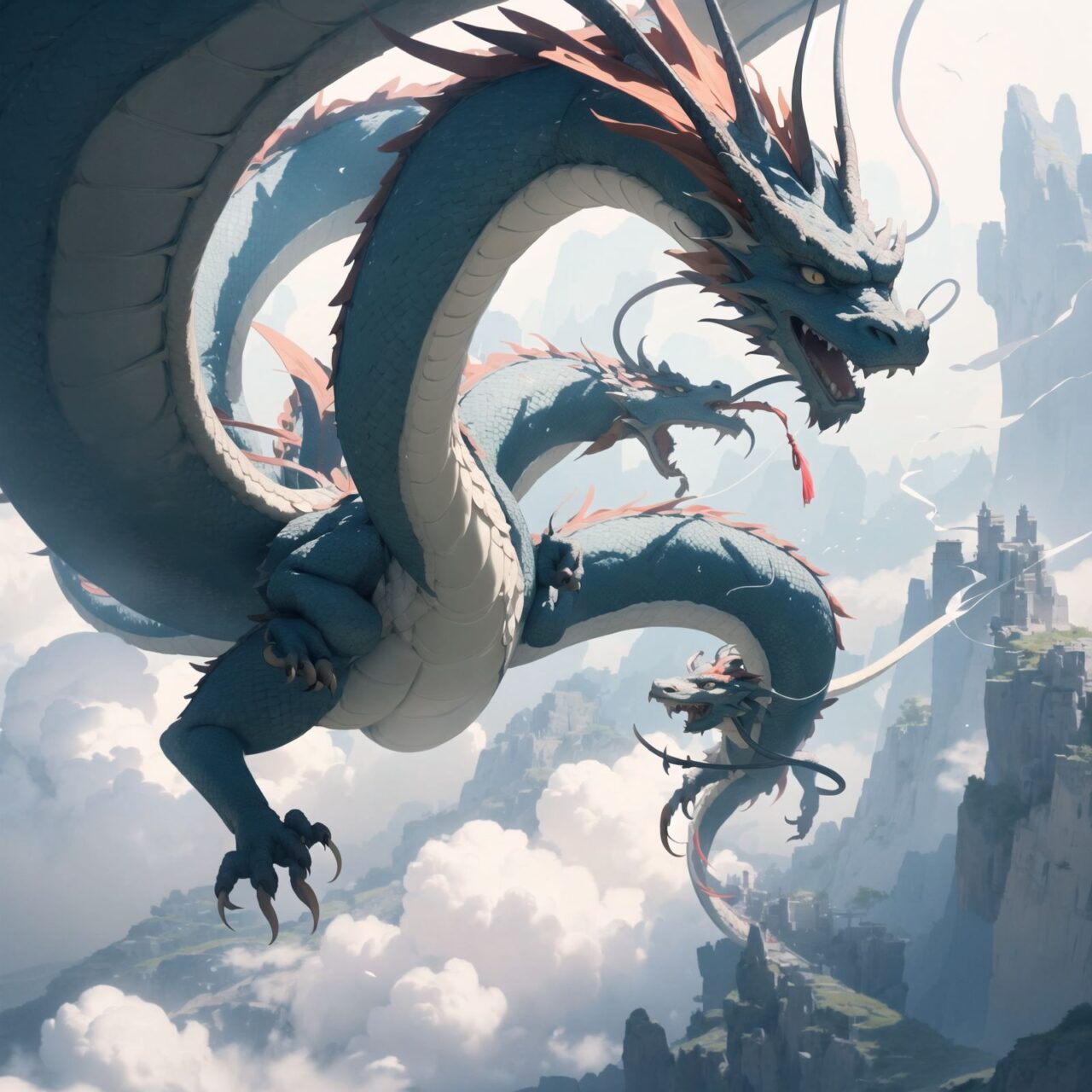 The dragon soars high into the sky and begins to dance lightly with the gentle breeze.
It is as if nature itself is blessing the dragon.

and the screen is enveloped in a sacred and beautiful energy.