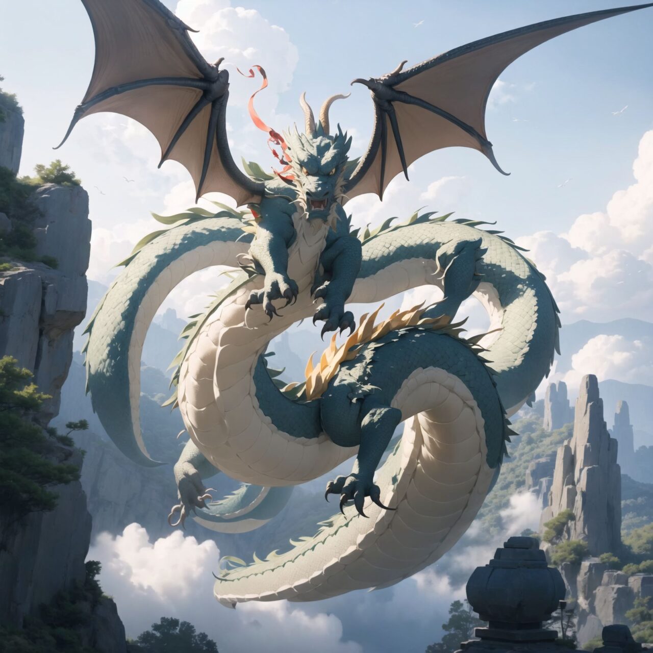 The dragon soars high into the sky and begins to dance lightly with the gentle breeze.
It is as if nature itself is blessing the dragon.

and the screen is enveloped in a sacred and beautiful energy.