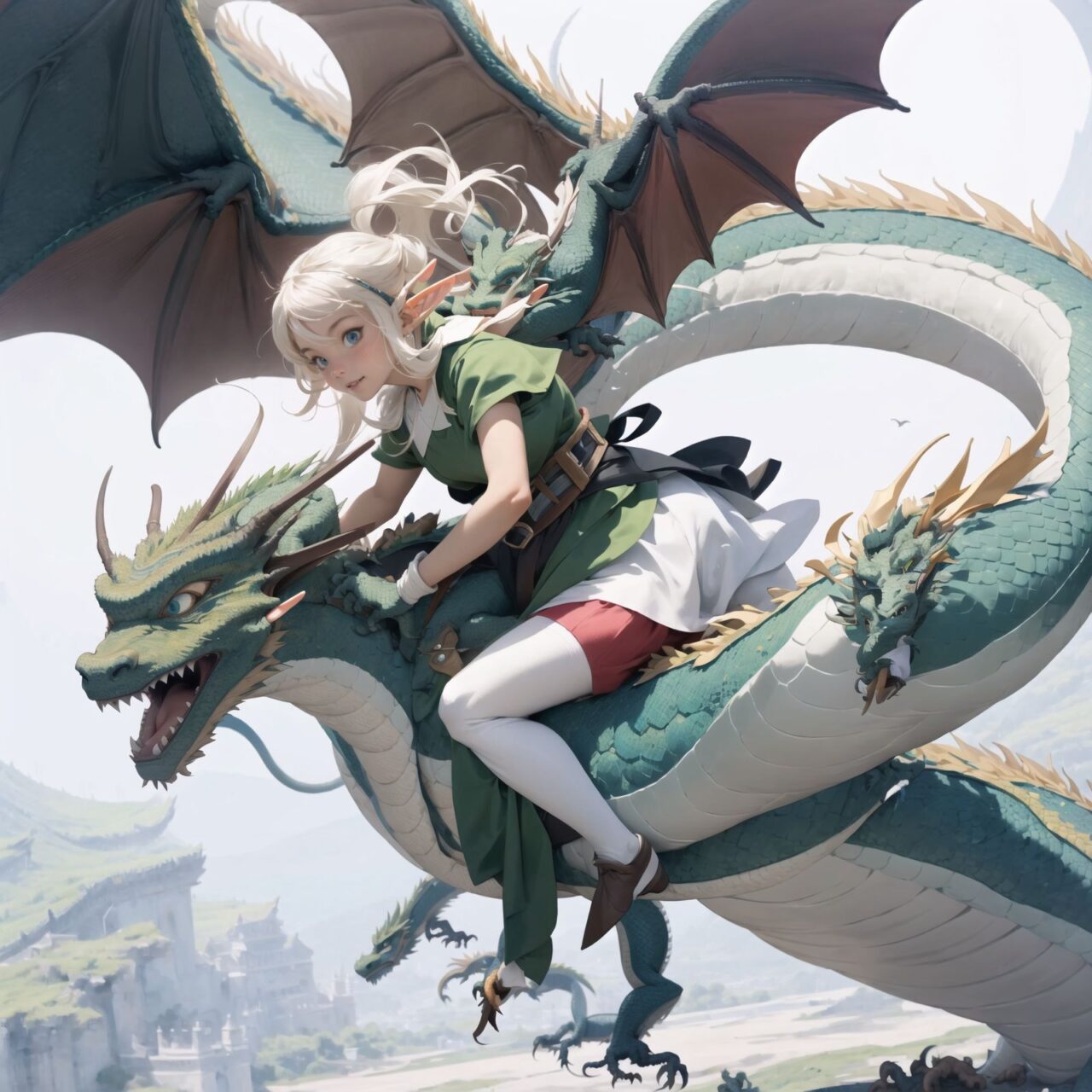 (elf girl riding astride the back of a western dragon as she flies through the air:1.6), (elf girl riding astride the back of a western dragon:1.6), (elf girl riding astride the back of a western dragon:1.6)


They have short-cut, flowing hair of bluish gray, and deep blue-green eyes that exude purity. They are dressed in elegant Lolita fashion: black and white lace, intricate patterns, ribbons, ruffles, over-the-knee socks, ruffled hair bands, voluminous petticoats, lace gloves, ruffled aprons, and ruffled short boots.

Ribbons, ruffles, over-the-knee socks, ruffled hair bands, petticoats for volume, lace gloves, ruffled aprons, and ruffled short boots. The girls have innocent, youthful expressions on their faces, with gentle smiles and shy, innocent giggles.


Around them, fairies and mystical creatures of various species gather, creating a lively and colorful scene.