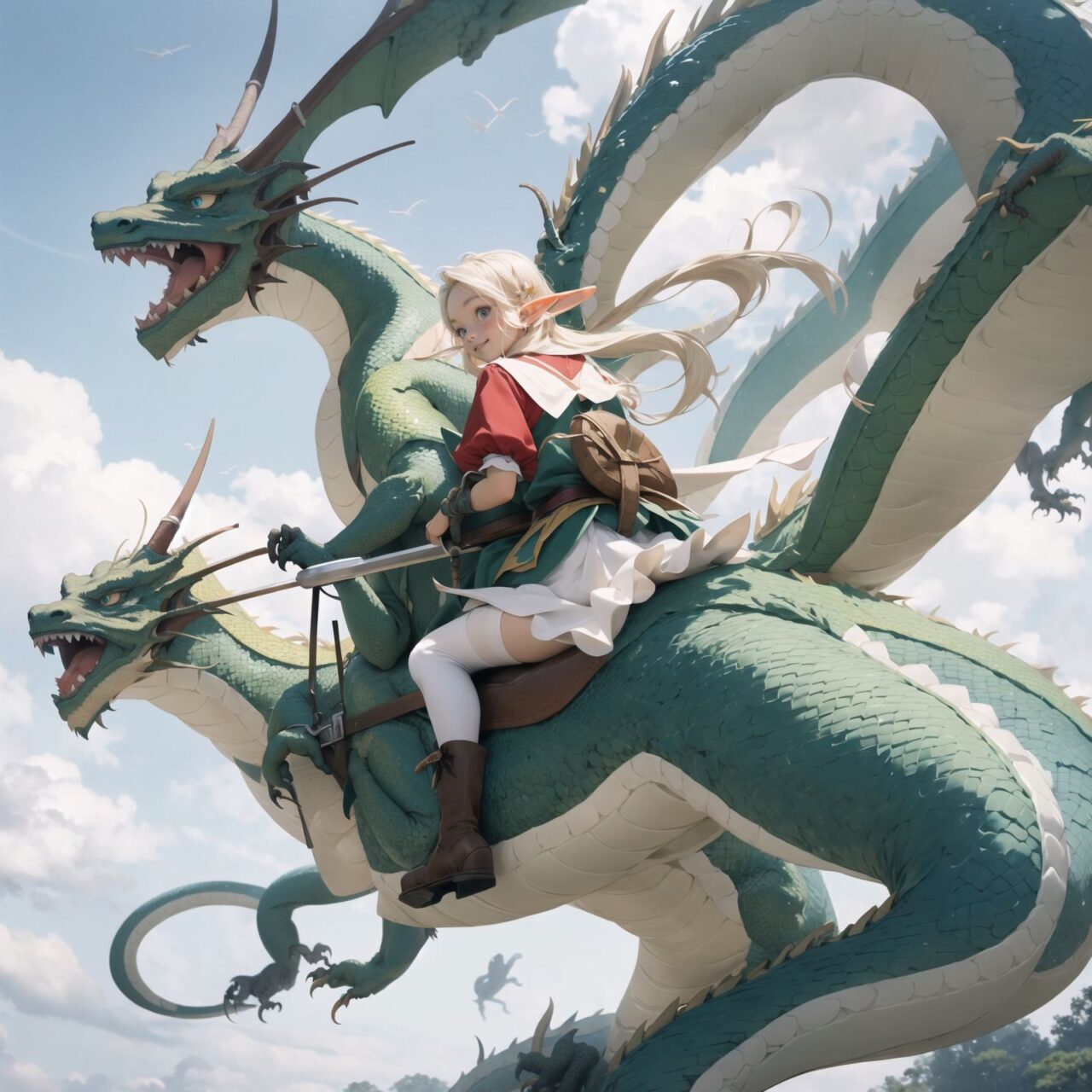 (elf girl riding astride the back of a western dragon as she flies through the air:1.6), (elf girl riding astride the back of a western dragon:1.6), (elf girl riding astride the back of a western dragon:1.6)


They have short-cut, flowing hair of bluish gray, and deep blue-green eyes that exude purity. They are dressed in elegant Lolita fashion: black and white lace, intricate patterns, ribbons, ruffles, over-the-knee socks, ruffled hair bands, voluminous petticoats, lace gloves, ruffled aprons, and ruffled short boots.

Ribbons, ruffles, over-the-knee socks, ruffled hair bands, petticoats for volume, lace gloves, ruffled aprons, and ruffled short boots. The girls have innocent, youthful expressions on their faces, with gentle smiles and shy, innocent giggles.


Around them, fairies and mystical creatures of various species gather, creating a lively and colorful scene.