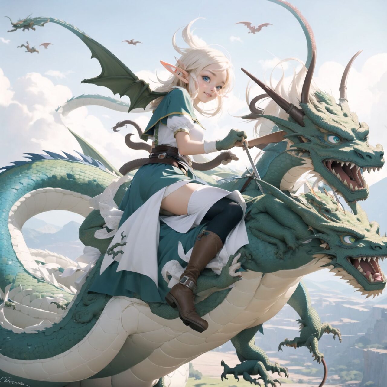 (elf girl riding astride the back of a western dragon as she flies through the air:1.6), (elf girl riding astride the back of a western dragon:1.6), (elf girl riding astride the back of a western dragon:1.6)


They have short-cut, flowing hair of bluish gray, and deep blue-green eyes that exude purity. They are dressed in elegant Lolita fashion: black and white lace, intricate patterns, ribbons, ruffles, over-the-knee socks, ruffled hair bands, voluminous petticoats, lace gloves, ruffled aprons, and ruffled short boots.

Ribbons, ruffles, over-the-knee socks, ruffled hair bands, petticoats for volume, lace gloves, ruffled aprons, and ruffled short boots. The girls have innocent, youthful expressions on their faces, with gentle smiles and shy, innocent giggles.


Around them, fairies and mystical creatures of various species gather, creating a lively and colorful scene.