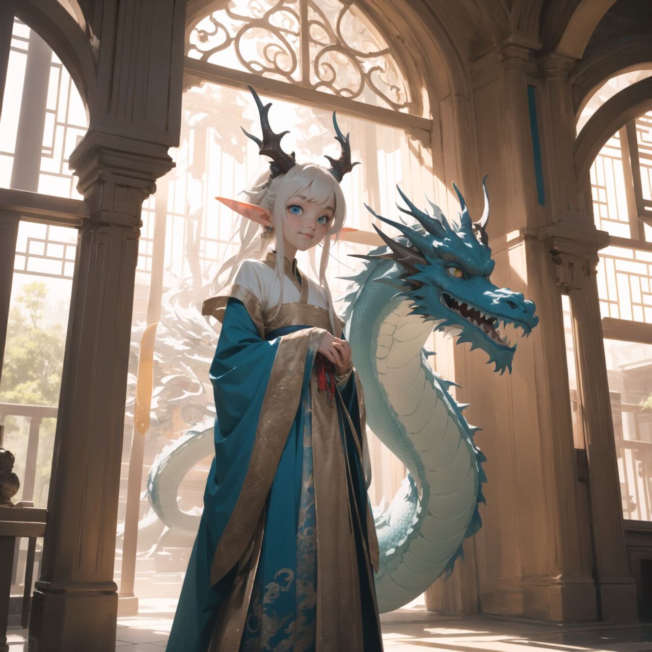 Innocent pure and charming 16-year-old girl, 
Innocent, youthful expression, gentle smile, shy demeanour,

Embarrassed Idol smile,

dark deep Blue green eyes, shining with purity,
Silver hair, stylish short cut, delicate flow of hair, 


The elves standing at the grand entrance of the Dragon Pavilion, greeted by a twin-headed dragon sculpture flanking the massive stone doors. The dragon?s two heads are carved from marble, their eyes glowing with a faint magical light. The elves pause, admiring the craftsmanship, before gently touching the dragon?s snout as a gesture of reverence. Behind them, the bustling market fades into the distance, the sounds of merchants and festival-goers replaced by the soft rustle of leaves and distant dragon roars.


Facing the camera, making eye contact, embodying childlike wonder, 

Cowboy shot, 
Soft, natural posture, youthful, graceful shot, 


flirtatious eyes expression,, an ideal blend of innocence and enchantment, 
Embodies the popular kawaii girl,
Elements of Lolita fashion, fresh and pure poses, exuding natural charm, 


The low angle emphasises her kawaii and highlights the fine textures of her hair and clothes, 
Natural light casts soft shadows and highlights the contours of her youthful face, 


Bringing her into sharp focus,
Shallow depth of field with the *50mm F/1.2 lens for beautiful depth blur with her face in focus, 
High resolution, detailed graphics, 
vivid colors, professional quality,


Ultra-high resolution, capturing every detail from individual strands of hair to the intricate fabrics of her costume,
Professional-grade clarity and contrast bring the vibrant colours to life,


(EasyNegativeV2:-1.5), (worst quality, low quality:-1.2),
(moles:-1.1),(spot on the skin:-1.2),(freckles:-1.3)
 (bad-hands-5:-1.2), (negative_hand-neg:-1.1),