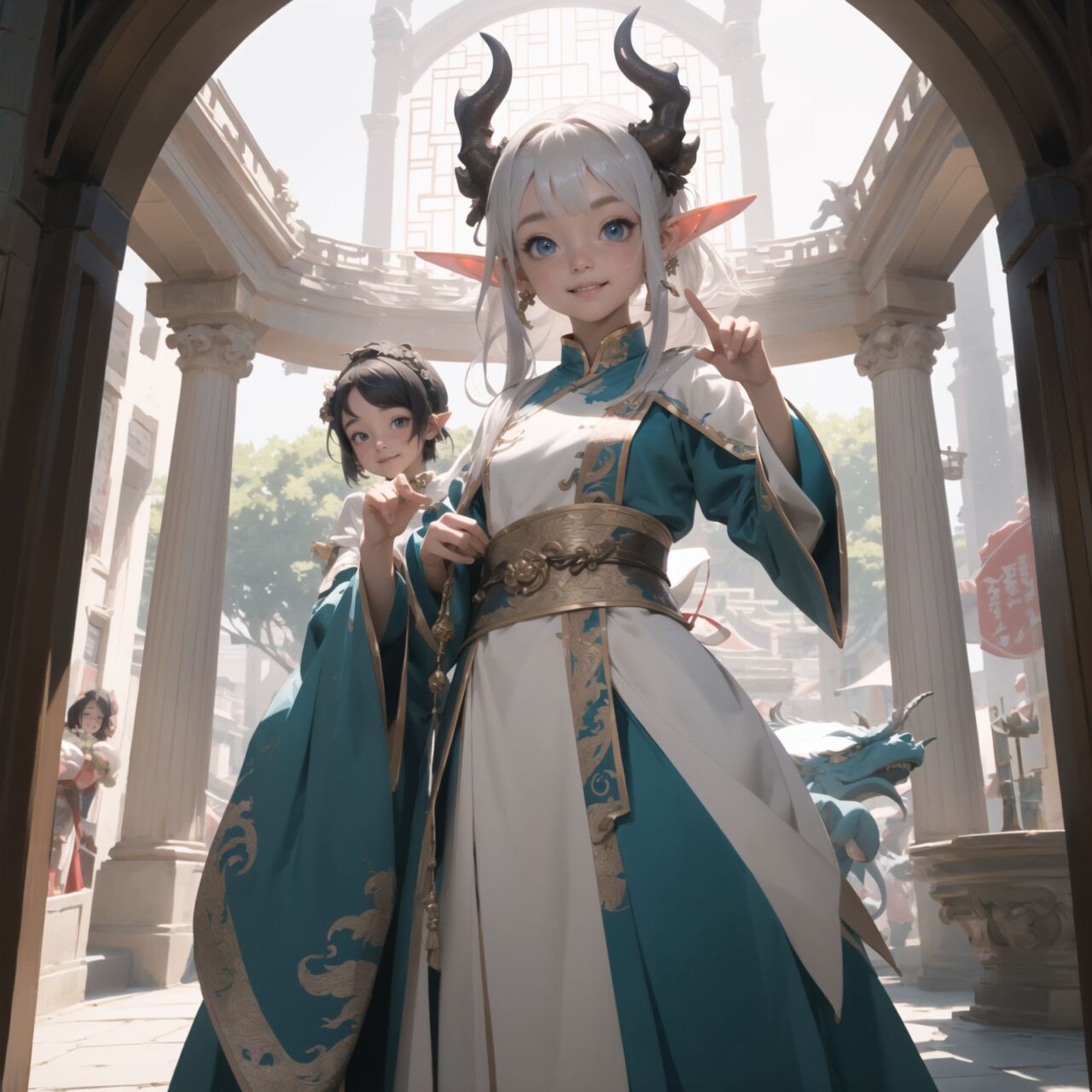 Innocent pure and charming 16-year-old girl, 
Innocent, youthful expression, gentle smile, shy demeanour,

Embarrassed Idol smile,

dark deep Blue green eyes, shining with purity,
Silver hair, stylish short cut, delicate flow of hair, 


The elves standing at the grand entrance of the Dragon Pavilion, greeted by a twin-headed dragon sculpture flanking the massive stone doors. The dragon?s two heads are carved from marble, their eyes glowing with a faint magical light. The elves pause, admiring the craftsmanship, before gently touching the dragon?s snout as a gesture of reverence. Behind them, the bustling market fades into the distance, the sounds of merchants and festival-goers replaced by the soft rustle of leaves and distant dragon roars.


Facing the camera, making eye contact, embodying childlike wonder, 

Cowboy shot, 
Soft, natural posture, youthful, graceful shot, 


flirtatious eyes expression,, an ideal blend of innocence and enchantment, 
Embodies the popular kawaii girl,
Elements of Lolita fashion, fresh and pure poses, exuding natural charm, 


The low angle emphasises her kawaii and highlights the fine textures of her hair and clothes, 
Natural light casts soft shadows and highlights the contours of her youthful face, 


Bringing her into sharp focus,
Shallow depth of field with the *50mm F/1.2 lens for beautiful depth blur with her face in focus, 
High resolution, detailed graphics, 
vivid colors, professional quality,


Ultra-high resolution, capturing every detail from individual strands of hair to the intricate fabrics of her costume,
Professional-grade clarity and contrast bring the vibrant colours to life,


(EasyNegativeV2:-1.5), (worst quality, low quality:-1.2),
(moles:-1.1),(spot on the skin:-1.2),(freckles:-1.3)
 (bad-hands-5:-1.2), (negative_hand-neg:-1.1),