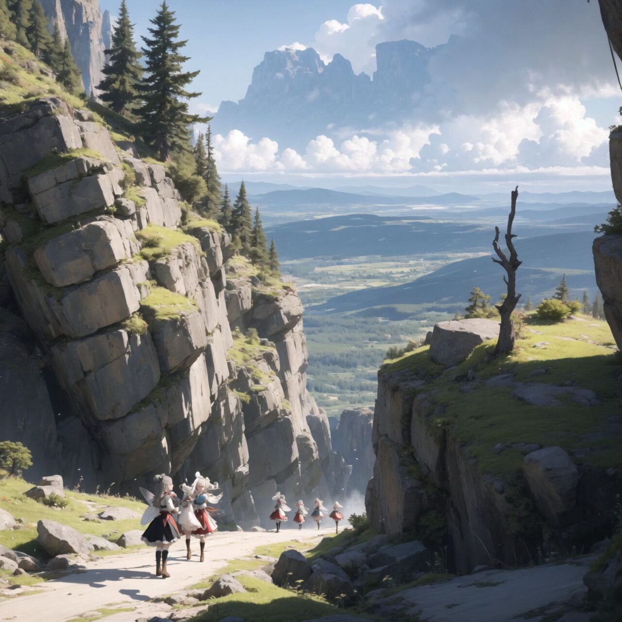 A scene depicting elves making their way along a steep mountain path.
The elves have expressions that show a mixture of anxiety and anticipation.
The elves are wearing light traveling clothes, and there is mist rising up around their feet.
The wind is blowing their hair and clothes about, and the clouds rising up behind them are growing more powerful.

In the background, we can see a rugged rocky mountain and a mountainous area where dragons live in the distance.
The shadow of a dragon flying in the sky can be faintly seen,
and the light and shadow intersect on the mountain path, creating an atmosphere of tension.

On International Fairy Day, a grand event will be held in the magical world of fairies. The fairy world takes place at the foot of a volcano, illuminated by mysterious lights. Lava flows in the clear air add to the magical atmosphere.

Between the volcano and the lava are two European dragons and an Asian dragon.
The mythical dragons are mighty fire-breathing creatures whose majestic appearance adds grandeur and awe to the celebration.
It is a smiling sight to see the dragons standing side by side, facing us and greeting each other.


Four innocent 18-year-old elf girls watch the figure timidly. They have short-cut, bluish-gray hair, flowing locks, and deep blue-green eyes that exude purity. They are dressed in elegant Lolita fashion: black and white lace, intricate patterns, ribbons, ruffles, over-the-knee socks, ruffled hair bands, voluminous petticoats, lace gloves, ruffled aprons, and ruffled short boots.

Ribbons, ruffles, over-the-knee socks, ruffled hair bands, petticoats for volume, lace gloves, ruffled aprons, and ruffled short boots. The girls have innocent, youthful expressions on their faces, with gentle smiles and shy, innocent giggles.


Around them, fairies and mystical creatures of various species gather, creating a lively and colorful scene.


The entire event is filled with laughter, music, and fantastic lights. The fairies celebrate their unity, share stories, and enjoy the enchanted evening. Natural light casts soft shadows, highlighting the delicate details of the fairies' elegant costumes and the subtle textures of their hair and clothing.