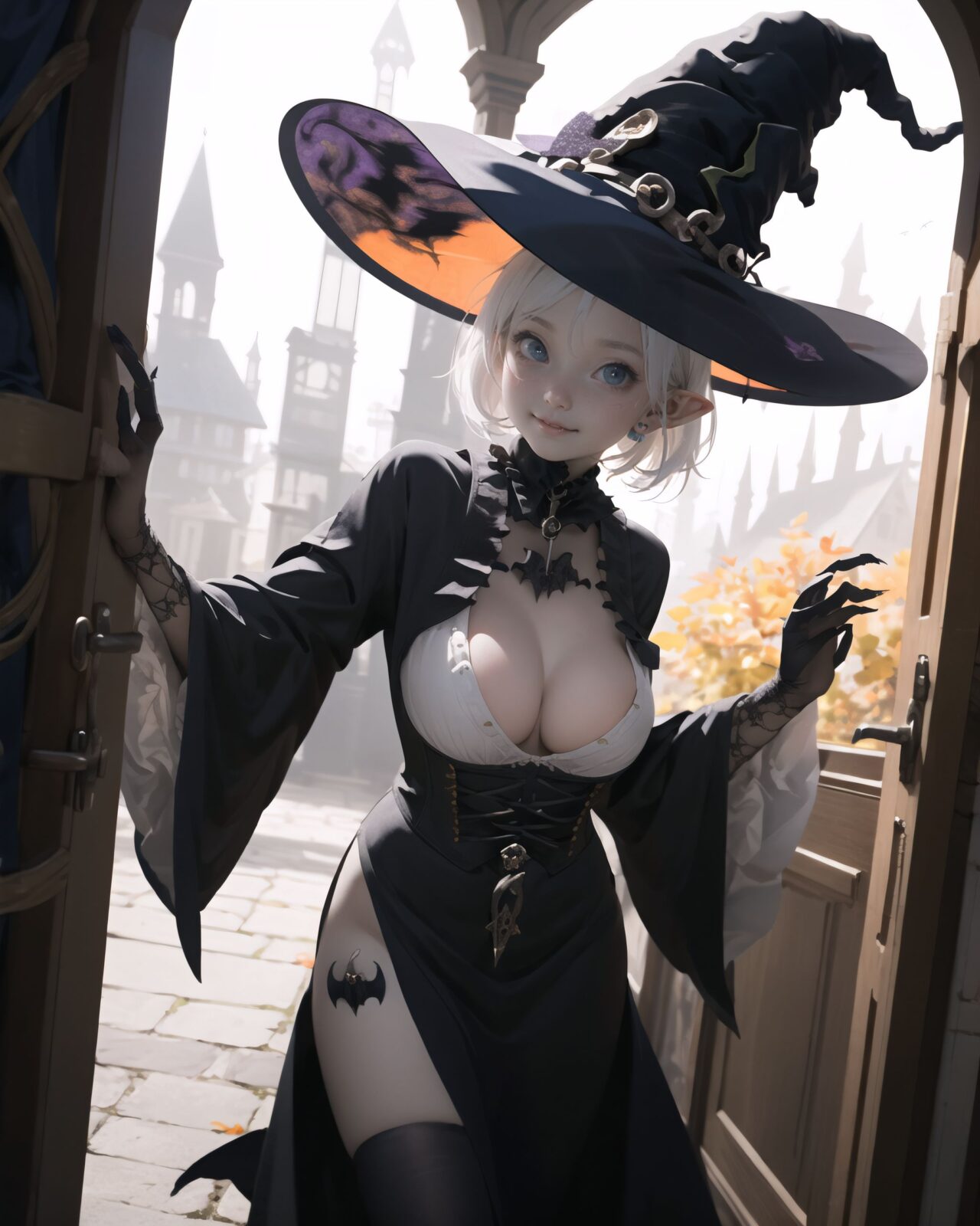 (girl in Halloween costume: 1.3),
(Gothic-style costume with witch's breasts exposed: 2.0),
hair, black hair, long hair, straight hair, big breasts, stockings, happiness, ghost, depth of field, autumn, Halloween, street,
break


A teenage elf girl dressed in a Halloween costume is walking through a quiet picturesque village at dusk, which is the setting for a fantasy story. The sun has set, and the sky is tinged with soft purple and orange. The streetlights have been enchanted to shine with a gentle magic, and they have just begun to illuminate the cobblestone streets. The witches are wearing alluring costumes, with their magic cloaks billowing in the wind, and their erotic pumpkin bras and translucent sorceress dresses. 
The witches wear confident smiles. The quaint cottages are decorated with pumpkins and handmade magical ornaments, giving them a mysterious atmosphere but also a fun one. Small elf-like houses line both sides of the street, some with wooden doors engraved with runes and others with gardens containing mysterious lanterns.
There are magical lanterns hanging under the eaves, and Jack-o'-lanterns with elaborate designs carved into the front door. The girls are walking in groups, each carrying a small basket or bag to collect candy. Then, some of the girls approach the door, saying ?Trick or treat! , approaching the door in a melodious and enchanting tone.
Some of the adults, some of whom are wearing light clothing, are standing by the door, handing out sweets wrapped in colorful, glittering cloth with warm smiles. Around them, the maple leaves touched by the magic of the season are falling silently, and the air is filled with a refreshing coolness.
The scene is a mixture of fantasy and Halloween elements, a fusion of the excitement of a quirky village and a Halloween festival, full of laughter, the atmosphere of seasonal magic, and a slightly mature charm.

BLAKE

A 16-year-old fairy girl with an innocent and pure charm,
her innocent expression, gentle smile, shyness,

shy idol-like smile,

dark, deep blue-green eyes that radiate a pure brilliance,
silver hair, stylish short haircut, delicate hair flow, 


a look into the camera, a look that meets the eye, embodying the wonder of a child,

close-up shots,
soft, natural poses, youthful and elegant shots,


a mischievous look, an ideal fusion of innocence and charm,
embodying the popular kawaii girl,
elements of Lolita fashion, fresh and pure poses, exuding natural charm, 


emphasizing her cuteness from a low angle and bringing out the delicate texture of her hair and clothes.
Soft natural light casts a soft shadow, bringing out the contours of her youthful face.


making her stand out clearly.
The shallow depth of field of the 50mm f/1.2 lens creates beautiful depth of field blur with her face in focus.
High resolution, detailed graphics,
vibrant colors, professional quality,


ultra-high resolution, every detail is reproduced clearly, from the individual strands of hair to the intricate weave of the costume.
The vivid contrast of the professional-quality image brings the vivid colors to life.


(EasyNegativeV2: -1.5), (Worst Quality, Low Quality: -1.2),
(Mole: -1.1), (Skin Spot: -1.2), (Freckle: -1.3)
(Poor Hand: -5: -1.2), (Negative Hand: -1.1),