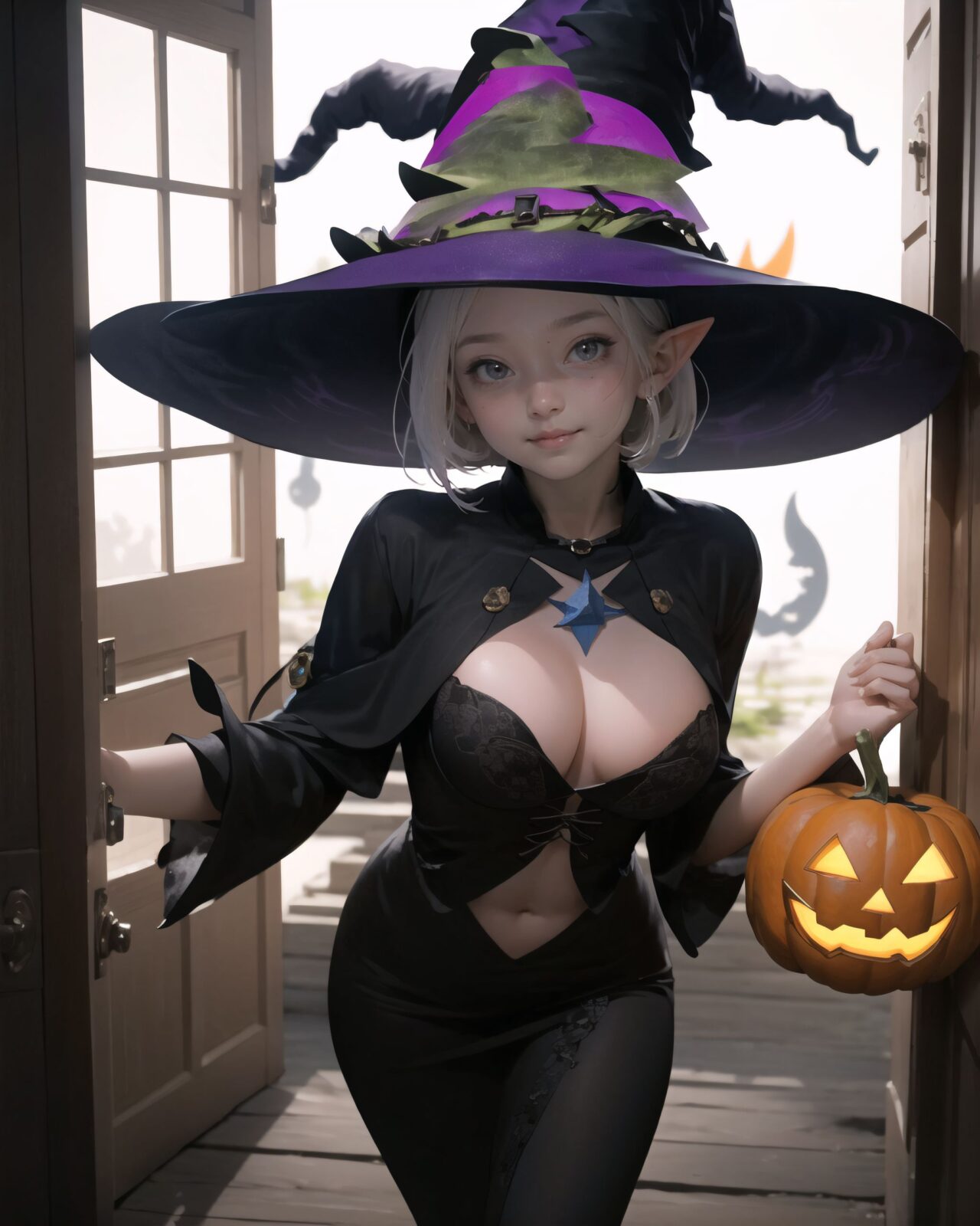 (girl in Halloween costume: 1.3),Gothic-style costume (with witch's breasts exposed: 2.0),
hair, black hair, long hair, straight hair, big breasts, stockings, happiness, ghost, depth of field, autumn, Halloween, street,
break


A teenage elf girl dressed in a Halloween costume is walking through a quiet picturesque village at dusk, which is the setting for a fantasy story. The sun has set, and the sky is tinged with soft purple and orange. The streetlights have been enchanted to shine with a gentle magic, and they have just begun to illuminate the cobblestone streets. The witches are wearing alluring costumes, with their magic cloaks billowing in the wind, and their erotic pumpkin bras and translucent sorceress dresses. 
The witches wear confident smiles. The quaint cottages are decorated with pumpkins and handmade magical ornaments, giving them a mysterious atmosphere but also a fun one. Small elf-like houses line both sides of the street, some with wooden doors engraved with runes and others with gardens containing mysterious lanterns.
There are magical lanterns hanging under the eaves, and Jack-o'-lanterns with elaborate designs carved into the front door. The girls are walking in groups, each carrying a small basket or bag to collect candy. Then, some of the girls approach the door, saying ?Trick or treat! , approaching the door in a melodious and enchanting tone.
Some of the adults, some of whom are wearing light clothing, are standing by the door, handing out sweets wrapped in colorful, glittering cloth with warm smiles. Around them, the maple leaves touched by the magic of the season are falling silently, and the air is filled with a refreshing coolness.
The scene is a mixture of fantasy and Halloween elements, a fusion of the excitement of a quirky village and a Halloween festival, full of laughter, the atmosphere of seasonal magic, and a slightly mature charm.

BLAKE

A 16-year-old fairy girl with an innocent and pure charm,
her innocent expression, gentle smile, shyness,

shy idol-like smile,

dark, deep blue-green eyes that radiate a pure brilliance,
silver hair, stylish short haircut, delicate hair flow, 


a look into the camera, a look that meets the eye, embodying the wonder of a child,

close-up shots,
soft, natural poses, youthful and elegant shots,


a mischievous look, an ideal fusion of innocence and charm,
embodying the popular kawaii girl,
elements of Lolita fashion, fresh and pure poses, exuding natural charm, 


emphasizing her cuteness from a low angle and bringing out the delicate texture of her hair and clothes.
Soft natural light casts a soft shadow, bringing out the contours of her youthful face.


making her stand out clearly.
The shallow depth of field of the 50mm f/1.2 lens creates beautiful depth of field blur with her face in focus.
High resolution, detailed graphics,
vibrant colors, professional quality,


ultra-high resolution, every detail is reproduced clearly, from the individual strands of hair to the intricate weave of the costume.
The vivid contrast of the professional-quality image brings the vivid colors to life.


(EasyNegativeV2: -1.5), (Worst Quality, Low Quality: -1.2),
(Mole: -1.1), (Skin Spot: -1.2), (Freckle: -1.3)
(Poor Hand: -5: -1.2), (Negative Hand: -1.1),