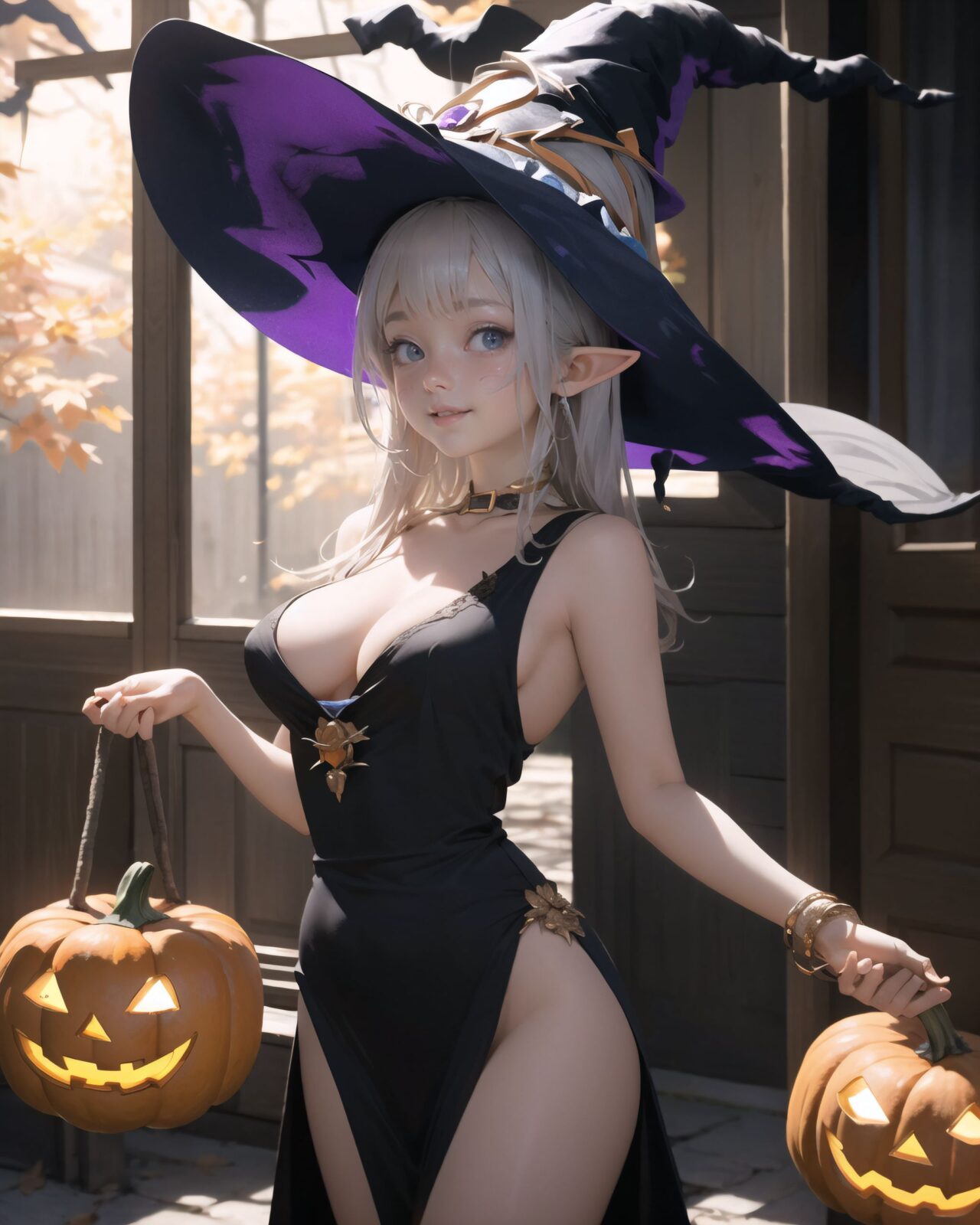 (girl in Halloween costume: 1.3),Gothic-style costume (with witch's breasts exposed: 2.0),
hair, black hair, long hair, straight hair, big breasts, stockings, happiness, ghost, depth of field, autumn, Halloween, street,
break


A teenage elf girl dressed in a Halloween costume is walking through a quiet picturesque village at dusk, which is the setting for a fantasy story. The sun has set, and the sky is tinged with soft purple and orange. The streetlights have been enchanted to shine with a gentle magic, and they have just begun to illuminate the cobblestone streets. The witches are wearing alluring costumes, with their magic cloaks billowing in the wind, and their erotic pumpkin bras and translucent sorceress dresses. 
The witches wear confident smiles. The quaint cottages are decorated with pumpkins and handmade magical ornaments, giving them a mysterious atmosphere but also a fun one. Small elf-like houses line both sides of the street, some with wooden doors engraved with runes and others with gardens containing mysterious lanterns.
There are magical lanterns hanging under the eaves, and Jack-o'-lanterns with elaborate designs carved into the front door. The girls are walking in groups, each carrying a small basket or bag to collect candy. Then, some of the girls approach the door, saying ?Trick or treat! , approaching the door in a melodious and enchanting tone.
Some of the adults, some of whom are wearing light clothing, are standing by the door, handing out sweets wrapped in colorful, glittering cloth with warm smiles. Around them, the maple leaves touched by the magic of the season are falling silently, and the air is filled with a refreshing coolness.
The scene is a mixture of fantasy and Halloween elements, a fusion of the excitement of a quirky village and a Halloween festival, full of laughter, the atmosphere of seasonal magic, and a slightly mature charm.

BLAKE

A 16-year-old fairy girl with an innocent and pure charm,
her innocent expression, gentle smile, shyness,

shy idol-like smile,

dark, deep blue-green eyes that radiate a pure brilliance,
silver hair, stylish short haircut, delicate hair flow, 


a look into the camera, a look that meets the eye, embodying the wonder of a child,

close-up shots,
soft, natural poses, youthful and elegant shots,


a mischievous look, an ideal fusion of innocence and charm,
embodying the popular kawaii girl,
elements of Lolita fashion, fresh and pure poses, exuding natural charm, 


emphasizing her cuteness from a low angle and bringing out the delicate texture of her hair and clothes.
Soft natural light casts a soft shadow, bringing out the contours of her youthful face.


making her stand out clearly.
The shallow depth of field of the 50mm f/1.2 lens creates beautiful depth of field blur with her face in focus.
High resolution, detailed graphics,
vibrant colors, professional quality,


ultra-high resolution, every detail is reproduced clearly, from the individual strands of hair to the intricate weave of the costume.
The vivid contrast of the professional-quality image brings the vivid colors to life.


(EasyNegativeV2: -1.5), (Worst Quality, Low Quality: -1.2),
(Mole: -1.1), (Skin Spot: -1.2), (Freckle: -1.3)
(Poor Hand: -5: -1.2), (Negative Hand: -1.1),