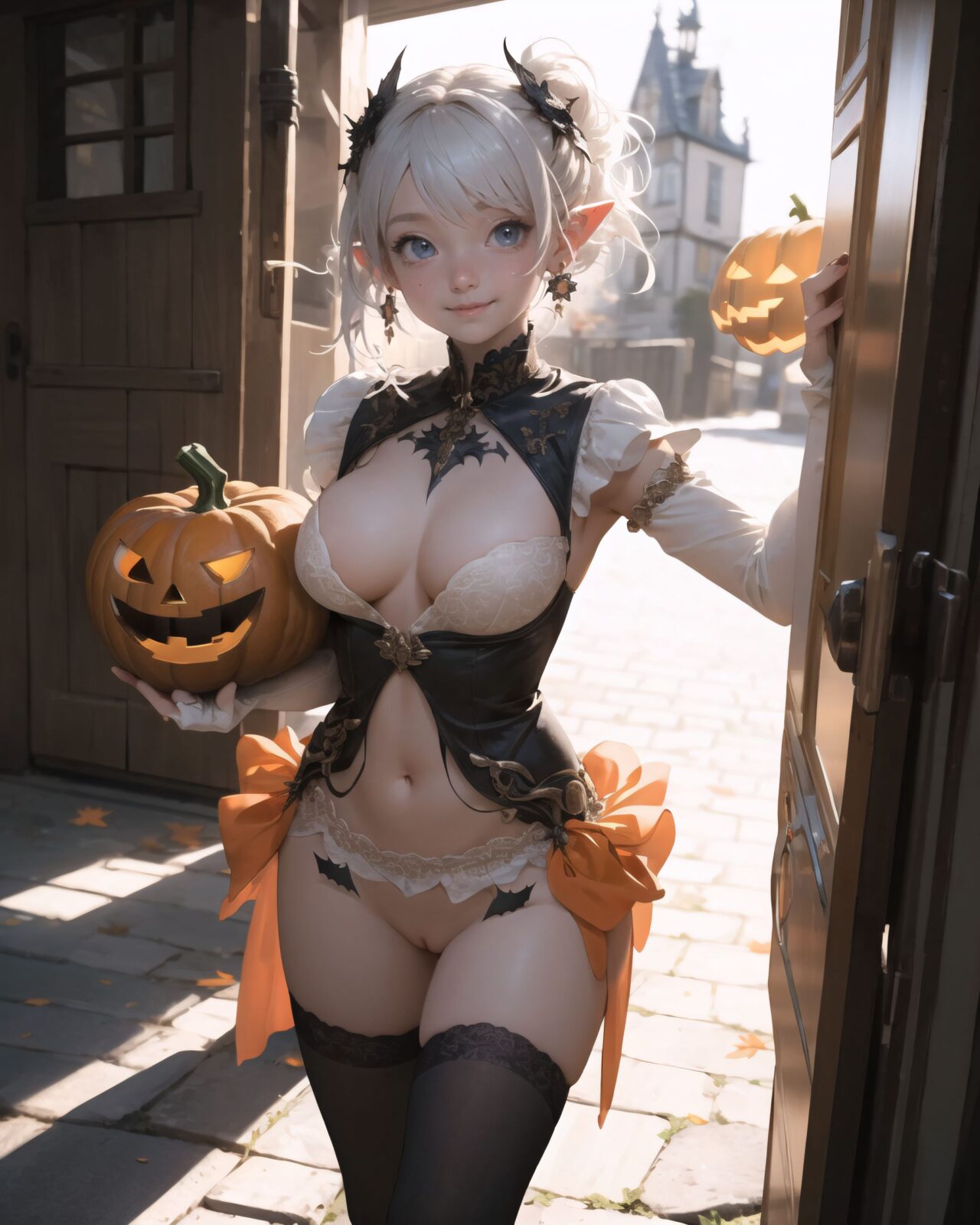 (girl in Halloween costume: 1.3),Gothic-style costume with witch's, (breasts exposed: 2.0),
hair, black hair, long hair, straight hair, big breasts, stockings, happiness, ghost, depth of field, autumn, Halloween, street,
break


A teenage elf girl dressed in a Halloween costume is walking through a quiet picturesque village at dusk, which is the setting for a fantasy story. The sun has set, and the sky is tinged with soft purple and orange. The streetlights have been enchanted to shine with a gentle magic, and they have just begun to illuminate the cobblestone streets. The witches are wearing alluring costumes, with their magic cloaks billowing in the wind, and their erotic pumpkin bras and translucent sorceress dresses. 
The witches wear confident smiles. The quaint cottages are decorated with pumpkins and handmade magical ornaments, giving them a mysterious atmosphere but also a fun one. Small elf-like houses line both sides of the street, some with wooden doors engraved with runes and others with gardens containing mysterious lanterns.
There are magical lanterns hanging under the eaves, and Jack-o'-lanterns with elaborate designs carved into the front door. The girls are walking in groups, each carrying a small basket or bag to collect candy. Then, some of the girls approach the door, saying ?Trick or treat! , approaching the door in a melodious and enchanting tone.
Some of the adults, some of whom are wearing light clothing, are standing by the door, handing out sweets wrapped in colorful, glittering cloth with warm smiles. Around them, the maple leaves touched by the magic of the season are falling silently, and the air is filled with a refreshing coolness.
The scene is a mixture of fantasy and Halloween elements, a fusion of the excitement of a quirky village and a Halloween festival, full of laughter, the atmosphere of seasonal magic, and a slightly mature charm.

BLAKE

A 16-year-old fairy girl with an innocent and pure charm,
her innocent expression, gentle smile, shyness,

shy idol-like smile,

dark, deep blue-green eyes that radiate a pure brilliance,
silver hair, stylish short haircut, delicate hair flow, 


a look into the camera, a look that meets the eye, embodying the wonder of a child,

close-up shots,
soft, natural poses, youthful and elegant shots,


a mischievous look, an ideal fusion of innocence and charm,
embodying the popular kawaii girl,
elements of Lolita fashion, fresh and pure poses, exuding natural charm, 


emphasizing her cuteness from a low angle and bringing out the delicate texture of her hair and clothes.
Soft natural light casts a soft shadow, bringing out the contours of her youthful face.


making her stand out clearly.
The shallow depth of field of the 50mm f/1.2 lens creates beautiful depth of field blur with her face in focus.
High resolution, detailed graphics,
vibrant colors, professional quality,


ultra-high resolution, every detail is reproduced clearly, from the individual strands of hair to the intricate weave of the costume.
The vivid contrast of the professional-quality image brings the vivid colors to life.


(EasyNegativeV2: -1.5), (Worst Quality, Low Quality: -1.2),
(Mole: -1.1), (Skin Spot: -1.2), (Freckle: -1.3)
(Poor Hand: -5: -1.2), (Negative Hand: -1.1),