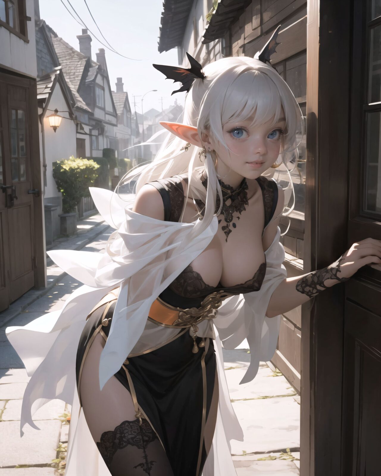 (girl in Halloween costume: 1.3),Gothic-style costume with witch's, (breasts exposed: 2.0),
hair, black hair, long hair, straight hair, big breasts, stockings, happiness, ghost, depth of field, autumn, Halloween, street,
break


A teenage elf girl dressed in a Halloween costume is walking through a quiet picturesque village at dusk, which is the setting for a fantasy story. The sun has set, and the sky is tinged with soft purple and orange. The streetlights have been enchanted to shine with a gentle magic, and they have just begun to illuminate the cobblestone streets. The witches are wearing alluring costumes, with their magic cloaks billowing in the wind, and their erotic pumpkin bras and translucent sorceress dresses. 
The witches wear confident smiles. The quaint cottages are decorated with pumpkins and handmade magical ornaments, giving them a mysterious atmosphere but also a fun one. Small elf-like houses line both sides of the street, some with wooden doors engraved with runes and others with gardens containing mysterious lanterns.
There are magical lanterns hanging under the eaves, and Jack-o'-lanterns with elaborate designs carved into the front door. The girls are walking in groups, each carrying a small basket or bag to collect candy. Then, some of the girls approach the door, saying ?Trick or treat! , approaching the door in a melodious and enchanting tone.
Some of the adults, some of whom are wearing light clothing, are standing by the door, handing out sweets wrapped in colorful, glittering cloth with warm smiles. Around them, the maple leaves touched by the magic of the season are falling silently, and the air is filled with a refreshing coolness.
The scene is a mixture of fantasy and Halloween elements, a fusion of the excitement of a quirky village and a Halloween festival, full of laughter, the atmosphere of seasonal magic, and a slightly mature charm.

BLAKE

A 16-year-old fairy girl with an innocent and pure charm,
her innocent expression, gentle smile, shyness,

shy idol-like smile,

dark, deep blue-green eyes that radiate a pure brilliance,
silver hair, stylish short haircut, delicate hair flow, 


a look into the camera, a look that meets the eye, embodying the wonder of a child,

close-up shots,
soft, natural poses, youthful and elegant shots,


a mischievous look, an ideal fusion of innocence and charm,
embodying the popular kawaii girl,
elements of Lolita fashion, fresh and pure poses, exuding natural charm, 


emphasizing her cuteness from a low angle and bringing out the delicate texture of her hair and clothes.
Soft natural light casts a soft shadow, bringing out the contours of her youthful face.


making her stand out clearly.
The shallow depth of field of the 50mm f/1.2 lens creates beautiful depth of field blur with her face in focus.
High resolution, detailed graphics,
vibrant colors, professional quality,


ultra-high resolution, every detail is reproduced clearly, from the individual strands of hair to the intricate weave of the costume.
The vivid contrast of the professional-quality image brings the vivid colors to life.


(EasyNegativeV2: -1.5), (Worst Quality, Low Quality: -1.2),
(Mole: -1.1), (Skin Spot: -1.2), (Freckle: -1.3)
(Poor Hand: -5: -1.2), (Negative Hand: -1.1),