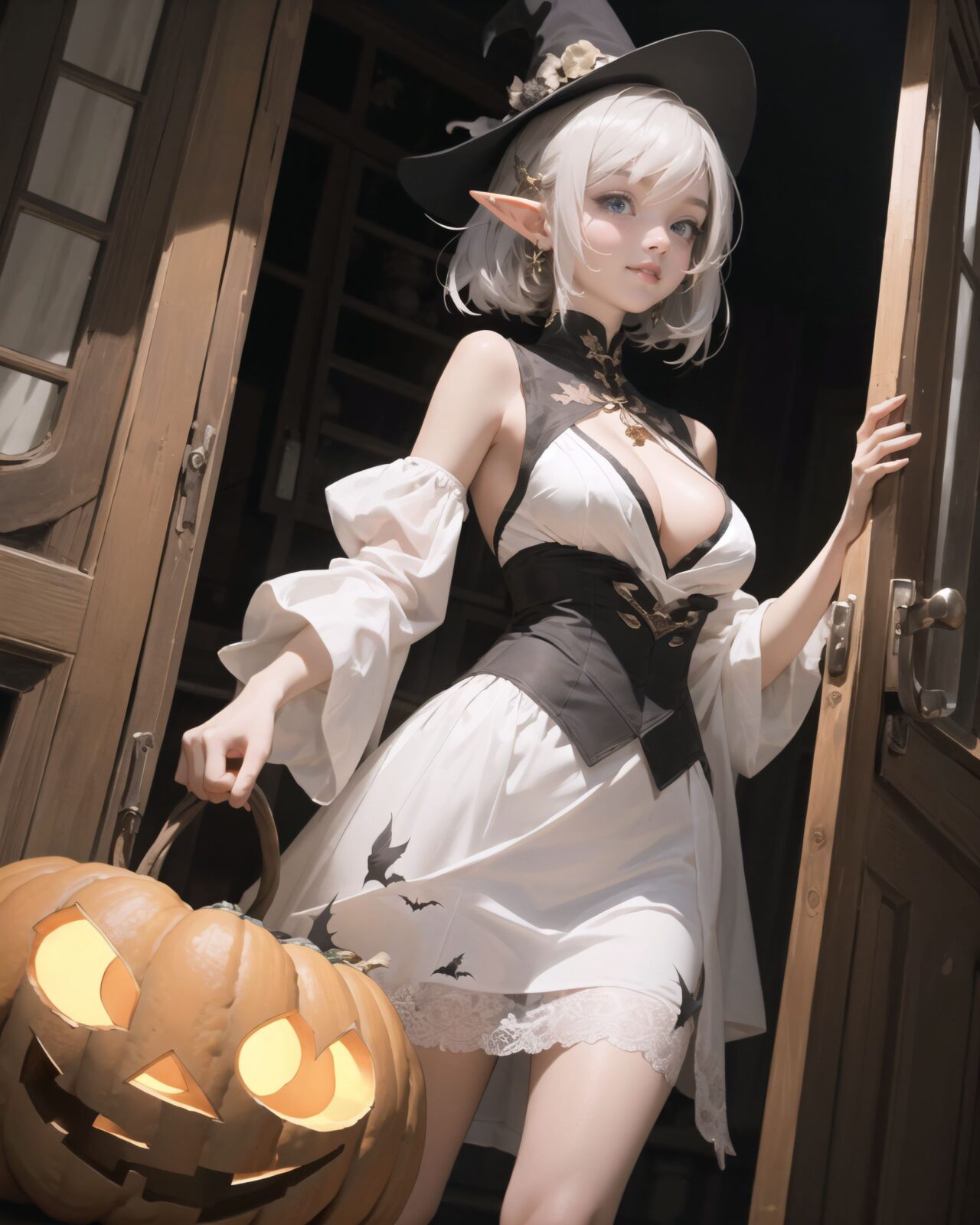 (girl in Halloween costume: 1.3),Gothic-style costume with witch's, (Her breasts are completely exposed: 2.0),
hair, black hair, long hair, straight hair, big breasts, stockings, happiness, ghost, depth of field, autumn, Halloween, street,
break


A teenage elf girl dressed in a Halloween costume is walking through a quiet picturesque village at dusk, which is the setting for a fantasy story. The sun has set, and the sky is tinged with soft purple and orange. The streetlights have been enchanted to shine with a gentle magic, and they have just begun to illuminate the cobblestone streets. The witches are wearing alluring costumes, with their magic cloaks billowing in the wind, and their erotic pumpkin bras and translucent sorceress dresses. 
The witches wear confident smiles. The quaint cottages are decorated with pumpkins and handmade magical ornaments, giving them a mysterious atmosphere but also a fun one. Small elf-like houses line both sides of the street, some with wooden doors engraved with runes and others with gardens containing mysterious lanterns.
There are magical lanterns hanging under the eaves, and Jack-o'-lanterns with elaborate designs carved into the front door. The girls are walking in groups, each carrying a small basket or bag to collect candy. Then, some of the girls approach the door, saying ?Trick or treat! , approaching the door in a melodious and enchanting tone.
Some of the adults, some of whom are wearing light clothing, are standing by the door, handing out sweets wrapped in colorful, glittering cloth with warm smiles. Around them, the maple leaves touched by the magic of the season are falling silently, and the air is filled with a refreshing coolness.
The scene is a mixture of fantasy and Halloween elements, a fusion of the excitement of a quirky village and a Halloween festival, full of laughter, the atmosphere of seasonal magic, and a slightly mature charm.

BLAKE

A 16-year-old fairy girl with an innocent and pure charm,
her innocent expression, gentle smile, shyness,

shy idol-like smile,

dark, deep blue-green eyes that radiate a pure brilliance,
silver hair, stylish short haircut, delicate hair flow, 


a look into the camera, a look that meets the eye, embodying the wonder of a child,

close-up shots,
soft, natural poses, youthful and elegant shots,


a mischievous look, an ideal fusion of innocence and charm,
embodying the popular kawaii girl,
elements of Lolita fashion, fresh and pure poses, exuding natural charm, 


emphasizing her cuteness from a low angle and bringing out the delicate texture of her hair and clothes.
Soft natural light casts a soft shadow, bringing out the contours of her youthful face.


making her stand out clearly.
The shallow depth of field of the 50mm f/1.2 lens creates beautiful depth of field blur with her face in focus.
High resolution, detailed graphics,
vibrant colors, professional quality,


ultra-high resolution, every detail is reproduced clearly, from the individual strands of hair to the intricate weave of the costume.
The vivid contrast of the professional-quality image brings the vivid colors to life.


(EasyNegativeV2: -1.5), (Worst Quality, Low Quality: -1.2),
(Mole: -1.1), (Skin Spot: -1.2), (Freckle: -1.3)
(Poor Hand: -5: -1.2), (Negative Hand: -1.1),