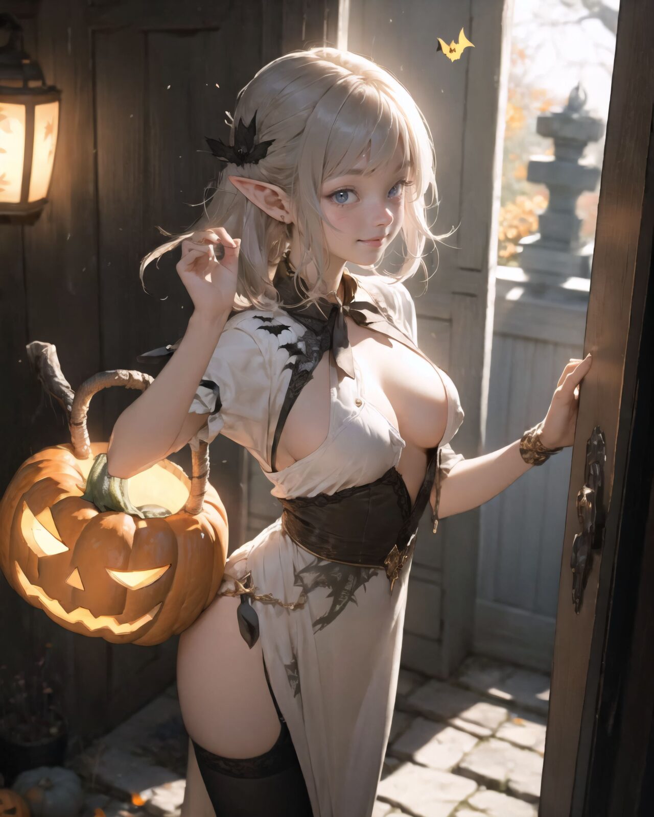 (girl in Halloween costume: 1.3), witch's costume, (Her breasts are completely exposed: 2.0),
hair, black hair, long hair, straight hair, big breasts, stockings, happiness, ghost, depth of field, autumn, Halloween, street,

BLAKE

A teenage elf girl in a Halloween costume is walking through a quiet, picturesque village at dusk, her cape fluttering in the wind and her breasts exposed in her erotic witch's costume. The sun has set and the sky is tinged with soft purple and orange. The streetlights have been enchanted and are now emitting a gentle light, illuminating the cobbled streets.
The witch girl is wearing a confident smile.
The houses in the background are lined up like dwarves, and some of them have wooden doors with runes carved into them, or gardens with mysterious lanterns. The quaint cottage is decorated with pumpkins and handmade magical ornaments, creating a mysterious yet fun atmosphere. There are mysterious lanterns hanging under the eaves, and a Jack-o'-lantern with an elaborate design carved into the front door.

A girl stands in front of the entrance with a small basket in her hand, (showing her bare breasts to the adults in front of her and tempting them:1.4).

Around her, the maple leaves touched by the magic of the season are falling silently, and the air is filled with a refreshing coolness.
It was a scene that blended fantasy and Halloween elements, a scene that combined the excitement of a Halloween festival in a quirky village with the atmosphere of seasonal magic and a slightly more mature charm.

BLAKE



A 16-year-old fairy girl with an innocent and pure charm,
her innocent expression, gentle smile, shyness,

shy idol-like smile,

dark, deep blue-green eyes that radiate a pure brilliance,
silver hair, stylish short haircut, delicate hair flow, 


a look into the camera, a look that meets the eye, embodying the wonder of a child,

close-up shots,
soft, natural poses, youthful and elegant shots,


a mischievous look, an ideal fusion of innocence and charm,
embodying the popular kawaii girl,
elements of Lolita fashion, fresh and pure poses, exuding natural charm, 


emphasizing her cuteness from a low angle and bringing out the delicate texture of her hair and clothes.
Soft natural light casts a soft shadow, bringing out the contours of her youthful face.


making her stand out clearly.
The shallow depth of field of the 50mm f/1.2 lens creates beautiful depth of field blur with her face in focus.
High resolution, detailed graphics,
vibrant colors, professional quality,


ultra-high resolution, every detail is reproduced clearly, from the individual strands of hair to the intricate weave of the costume.
The vivid contrast of the professional-quality image brings the vivid colors to life.


(EasyNegativeV2: -1.5), (Worst Quality, Low Quality: -1.2),
(Mole: -1.1), (Skin Spot: -1.2), (Freckle: -1.3)
(Poor Hand: -5: -1.2), (Negative Hand: -1.1),