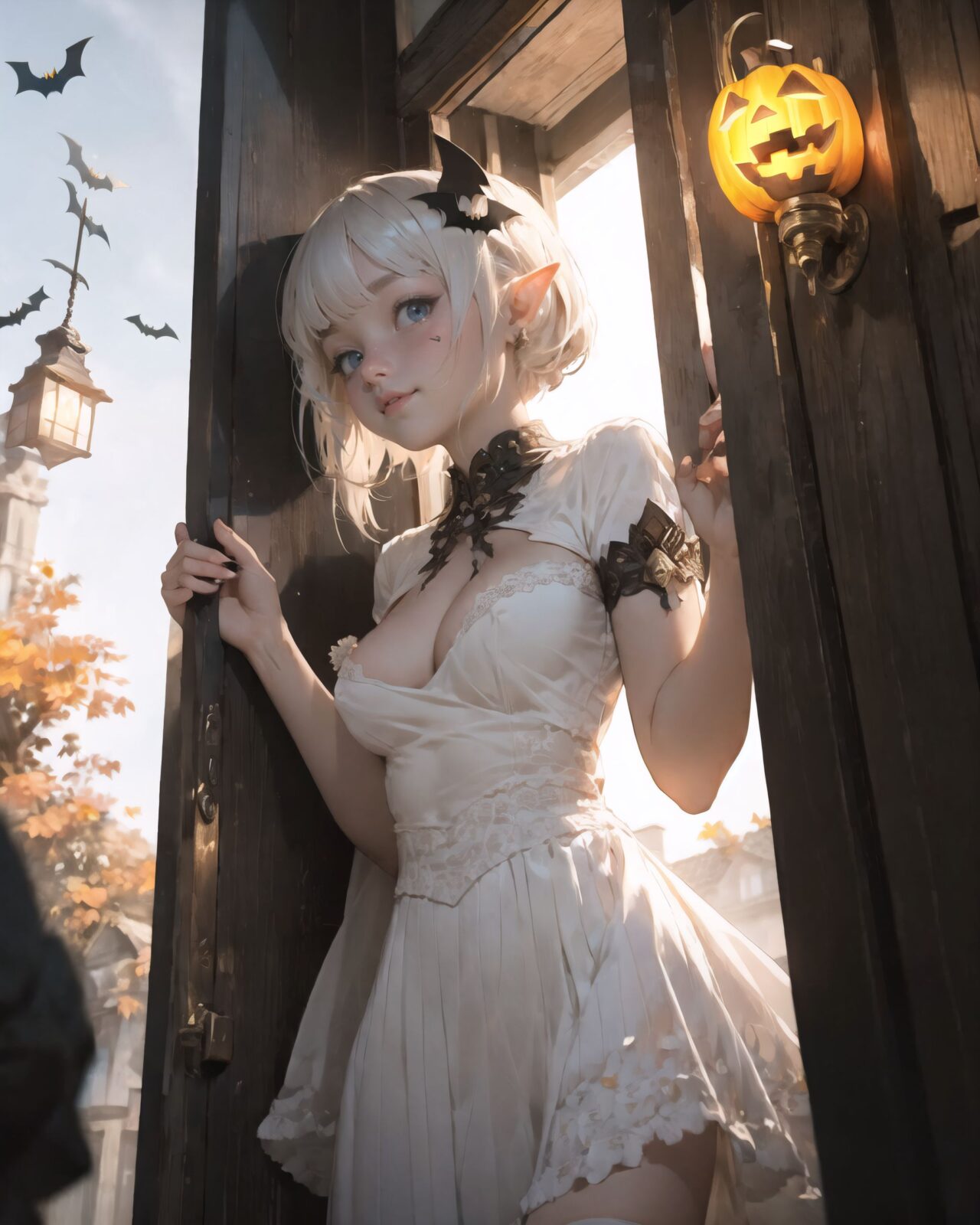 (girl in Halloween costume: 1.3), witch's costume, (Her breasts are completely exposed: 2.0),
hair, black hair, long hair, straight hair, big breasts, stockings, happiness, ghost, depth of field, autumn, Halloween, street,

BLAKE

A teenage elf girl in a Halloween costume is walking through a quiet, picturesque village at dusk, her cape fluttering in the wind and her breasts exposed in her erotic witch's costume. The sun has set and the sky is tinged with soft purple and orange. The streetlights have been enchanted and are now emitting a gentle light, illuminating the cobbled streets.
The witch girl is wearing a confident smile.
The houses in the background are lined up like dwarves, and some of them have wooden doors with runes carved into them, or gardens with mysterious lanterns. The quaint cottage is decorated with pumpkins and handmade magical ornaments, creating a mysterious yet fun atmosphere. There are mysterious lanterns hanging under the eaves, and a Jack-o'-lantern with an elaborate design carved into the front door.

A girl stands in front of the entrance with a small basket in her hand, (showing her bare breasts to the adults in front of her and tempting them:1.4).

Around her, the maple leaves touched by the magic of the season are falling silently, and the air is filled with a refreshing coolness.
It was a scene that blended fantasy and Halloween elements, a scene that combined the excitement of a Halloween festival in a quirky village with the atmosphere of seasonal magic and a slightly more mature charm.

BLAKE



A 16-year-old fairy girl with an innocent and pure charm,
her innocent expression, gentle smile, shyness,

shy idol-like smile,

dark, deep blue-green eyes that radiate a pure brilliance,
silver hair, stylish short haircut, delicate hair flow, 


a look into the camera, a look that meets the eye, embodying the wonder of a child,

close-up shots,
soft, natural poses, youthful and elegant shots,


a mischievous look, an ideal fusion of innocence and charm,
embodying the popular kawaii girl,
elements of Lolita fashion, fresh and pure poses, exuding natural charm, 


emphasizing her cuteness from a low angle and bringing out the delicate texture of her hair and clothes.
Soft natural light casts a soft shadow, bringing out the contours of her youthful face.


making her stand out clearly.
The shallow depth of field of the 50mm f/1.2 lens creates beautiful depth of field blur with her face in focus.
High resolution, detailed graphics,
vibrant colors, professional quality,


ultra-high resolution, every detail is reproduced clearly, from the individual strands of hair to the intricate weave of the costume.
The vivid contrast of the professional-quality image brings the vivid colors to life.


(EasyNegativeV2: -1.5), (Worst Quality, Low Quality: -1.2),
(Mole: -1.1), (Skin Spot: -1.2), (Freckle: -1.3)
(Poor Hand: -5: -1.2), (Negative Hand: -1.1),