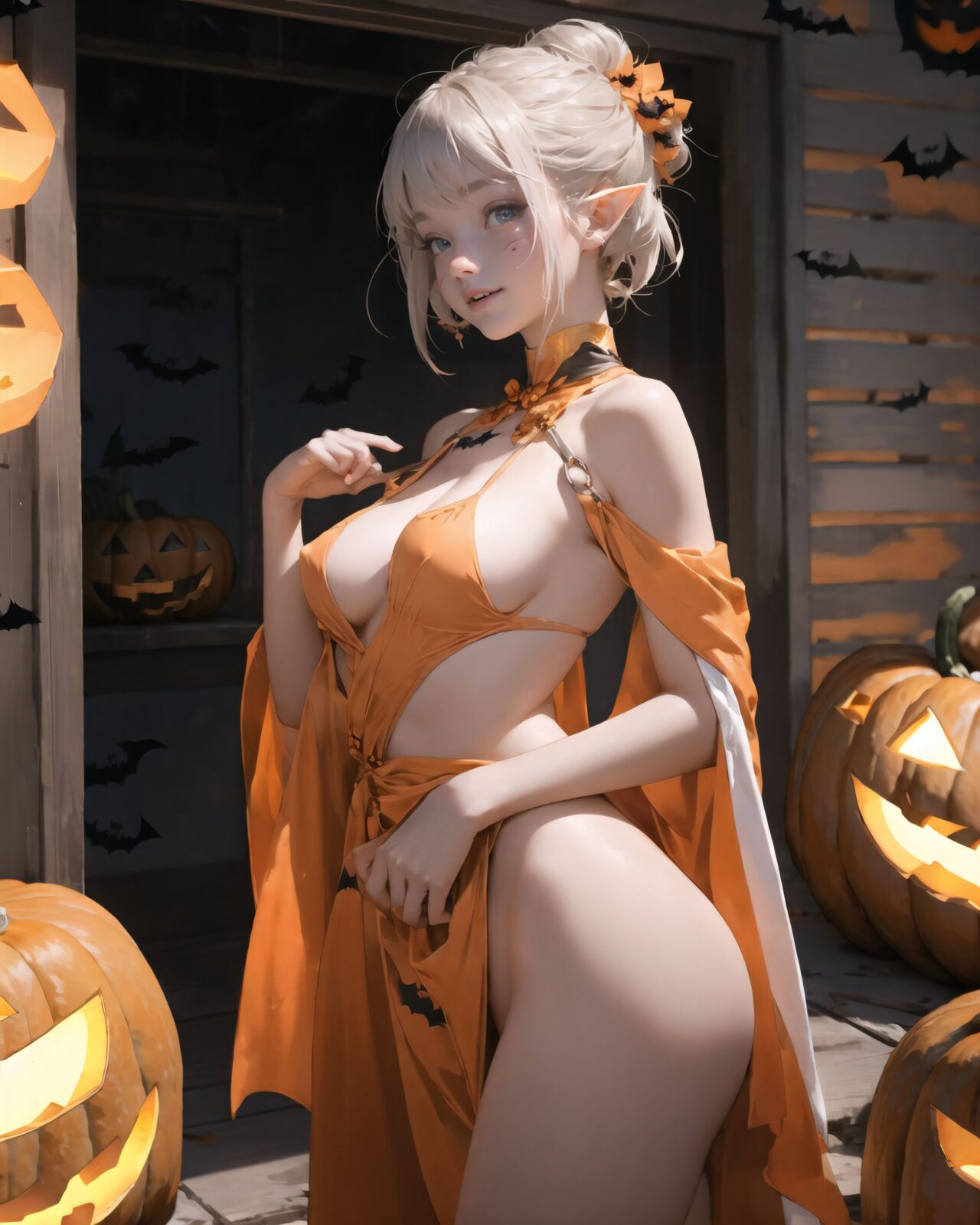 (girl in Halloween costume: 1.7), witch's costume, (Her breasts are completely exposed: 2.0),
big breasts, happiness, depth of field, autumn, Halloween, street,

BLAKE

A teenage elf girl in a Halloween costume is walking through a quiet, picturesque village at dusk, her cape fluttering in the wind and her breasts exposed in her erotic witch's costume. The sun has set and the sky is tinged with soft purple and orange. The streetlights have been enchanted and are now emitting a gentle light, illuminating the cobbled streets.
The witch girl is wearing a confident smile.
The houses in the background are lined up like dwarves, and some of them have wooden doors with runes carved into them, or gardens with mysterious lanterns. The quaint cottage is decorated with pumpkins and handmade magical ornaments, creating a mysterious yet fun atmosphere. There are mysterious lanterns hanging under the eaves, and a Jack-o'-lantern with an elaborate design carved into the front door.

A girl stands in front of the entrance with a small basket in her hand, (showing her bare breasts to the adults in front of her and tempting them:1.5),

Around her, the maple leaves touched by the magic of the season are falling silently, and the air is filled with a refreshing coolness.
It was a scene that blended fantasy and Halloween elements, a scene that combined the excitement of a Halloween festival in a quirky village with the atmosphere of seasonal magic and a slightly more mature charm.

BLAKE



A 16-year-old fairy girl with an innocent and pure charm,
her innocent expression, gentle smile, shyness,

shy idol-like smile,

dark, deep blue-green eyes that radiate a pure brilliance,
silver hair, stylish short haircut, delicate hair flow, 


a look into the camera, a look that meets the eye, embodying the wonder of a child,

close-up shots,
soft, natural poses, youthful and elegant shots,


a mischievous look, an ideal fusion of innocence and charm,
embodying the popular kawaii girl,
elements of Lolita fashion, fresh and pure poses, exuding natural charm, 


emphasizing her cuteness from a low angle and bringing out the delicate texture of her hair and clothes.
Soft natural light casts a soft shadow, bringing out the contours of her youthful face.


making her stand out clearly.
The shallow depth of field of the 50mm f/1.2 lens creates beautiful depth of field blur with her face in focus.
High resolution, detailed graphics,
vibrant colors, professional quality,


ultra-high resolution, every detail is reproduced clearly, from the individual strands of hair to the intricate weave of the costume.
The vivid contrast of the professional-quality image brings the vivid colors to life.


(EasyNegativeV2: -1.5), (Worst Quality, Low Quality: -1.2),
(Mole: -1.1), (Skin Spot: -1.2), (Freckle: -1.3)
(Poor Hand: -5: -1.2), (Negative Hand: -1.1),