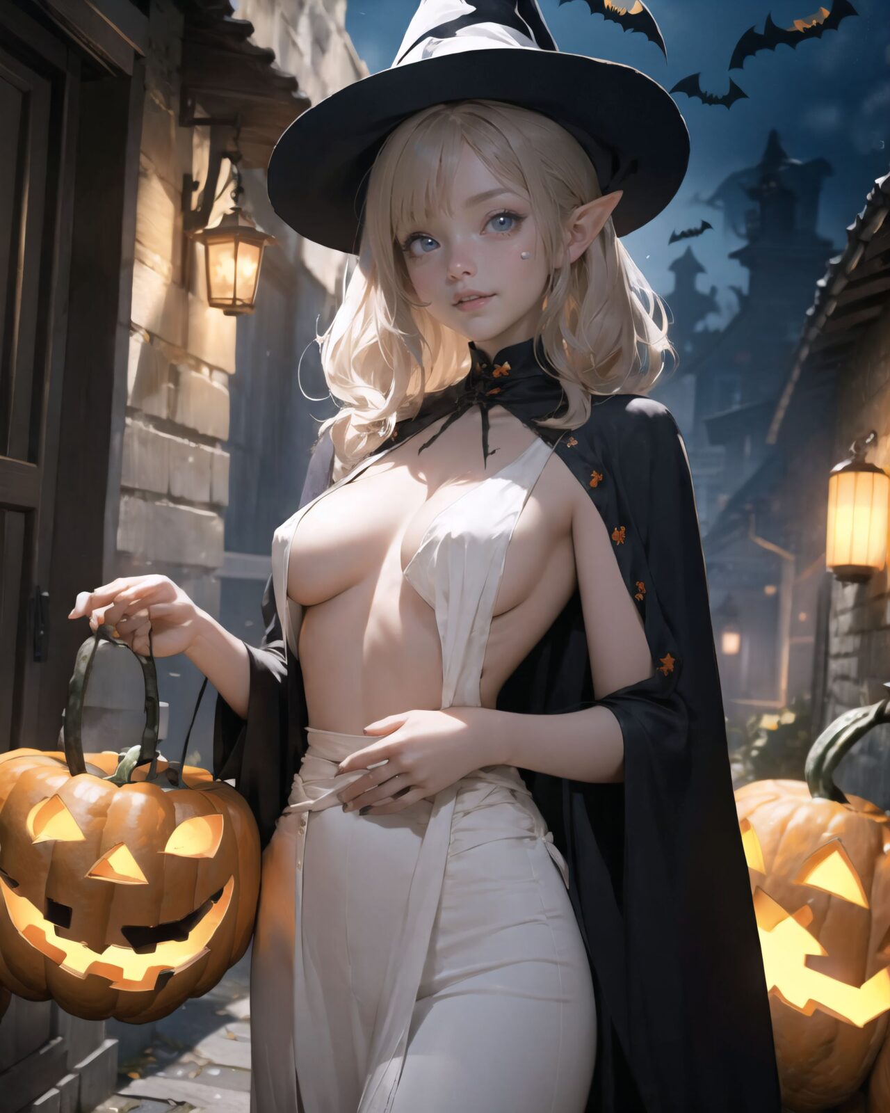 (girl in Halloween costume: 1.7), witch's costume, (Her breasts are completely exposed: 2.0),
big breasts, happiness, depth of field, autumn, Halloween street,

A teenage elf girl in a Halloween costume is walking through a quiet, picturesque village at dusk, her cape fluttering in the wind and her breasts exposed in her erotic witch's costume. The sun has set and the sky is tinged with soft purple and orange. The streetlights have been enchanted and are now emitting a gentle light, illuminating the cobbled streets.
The witch girl is wearing a confident smile.
The houses in the background are lined up like dwarves, and some of them have wooden doors with runes carved into them, or gardens with mysterious lanterns. The quaint cottage is decorated with pumpkins and handmade magical ornaments, creating a mysterious yet fun atmosphere. There are mysterious lanterns hanging under the eaves, and a Jack-o'-lantern with an elaborate design carved into the front door.

A girl stands in front of the entrance with a small basket in her hand, (showing her bare breasts to the adults in front of her and tempting them:1.5),

Around her, the maple leaves touched by the magic of the season are falling silently, and the air is filled with a refreshing coolness.
It was a scene that blended fantasy and Halloween elements, a scene that combined the excitement of a Halloween festival in a quirky village with the atmosphere of seasonal magic and a slightly more mature charm.

BLAKE



A 16-year-old fairy girl with an innocent and pure charm,
her innocent expression, gentle smile, shyness,

shy idol-like smile,

dark, deep blue-green eyes that radiate a pure brilliance,
silver hair, stylish short haircut, delicate hair flow, 


a look into the camera, a look that meets the eye, embodying the wonder of a child,

close-up shots,
soft, natural poses, youthful and elegant shots,


a mischievous look, an ideal fusion of innocence and charm,
embodying the popular kawaii girl,
elements of Lolita fashion, fresh and pure poses, exuding natural charm, 


emphasizing her cuteness from a low angle and bringing out the delicate texture of her hair and clothes.
Soft natural light casts a soft shadow, bringing out the contours of her youthful face.


making her stand out clearly.
The shallow depth of field of the 50mm f/1.2 lens creates beautiful depth of field blur with her face in focus.
High resolution, detailed graphics,
vibrant colors, professional quality,


ultra-high resolution, every detail is reproduced clearly, from the individual strands of hair to the intricate weave of the costume.
The vivid contrast of the professional-quality image brings the vivid colors to life.


(EasyNegativeV2: -1.5), (Worst Quality, Low Quality: -1.2),
(Mole: -1.1), (Skin Spot: -1.2), (Freckle: -1.3)
(Poor Hand: -5: -1.2), (Negative Hand: -1.1),