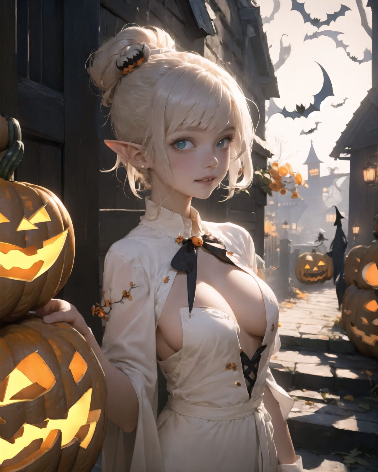 (girl in Halloween costume: 1.7), witch's costume, (Her breasts are completely exposed: 2.0),
big breasts, happiness, depth of field, autumn, In the middle of an American graveyard,
ghosts, skeletons, jack-o'-lanterns and Halloween monsters are frolicking in the background.

A teenage elf girl in a Halloween costume is walking through a quiet, picturesque village at dusk, her cape fluttering in the wind and her breasts exposed in her erotic witch's costume. The sun has set and the sky is tinged with soft purple and orange. The streetlights have been enchanted and are now emitting a gentle light, illuminating the cobbled streets.
The witch girl is wearing a confident smile.
The houses in the background are lined up like dwarves, and some of them have wooden doors with runes carved into them, or gardens with mysterious lanterns. The quaint cottage is decorated with pumpkins and handmade magical ornaments, creating a mysterious yet fun atmosphere. There are mysterious lanterns hanging under the eaves, and a Jack-o'-lantern with an elaborate design carved into the front door.

A girl stands in front of the entrance with a small basket in her hand, (showing her bare breasts to the adults in front of her and tempting them:1.5),

Around her, the maple leaves touched by the magic of the season are falling silently, and the air is filled with a refreshing coolness.
It was a scene that blended fantasy and Halloween elements, a scene that combined the excitement of a Halloween festival in a quirky village with the atmosphere of seasonal magic and a slightly more mature charm.

BLAKE



A 16-year-old fairy girl with an innocent and pure charm,
her innocent expression, gentle smile, shyness,

shy idol-like smile,

dark, deep blue-green eyes that radiate a pure brilliance,
silver hair, stylish short haircut, delicate hair flow, 


a look into the camera, a look that meets the eye, embodying the wonder of a child,

close-up shots,
soft, natural poses, youthful and elegant shots,


a mischievous look, an ideal fusion of innocence and charm,
embodying the popular kawaii girl,
elements of Lolita fashion, fresh and pure poses, exuding natural charm, 


emphasizing her cuteness from a low angle and bringing out the delicate texture of her hair and clothes.
Soft natural light casts a soft shadow, bringing out the contours of her youthful face.


making her stand out clearly.
The shallow depth of field of the 50mm f/1.2 lens creates beautiful depth of field blur with her face in focus.
High resolution, detailed graphics,
vibrant colors, professional quality,


ultra-high resolution, every detail is reproduced clearly, from the individual strands of hair to the intricate weave of the costume.
The vivid contrast of the professional-quality image brings the vivid colors to life.


(EasyNegativeV2: -1.5), (Worst Quality, Low Quality: -1.2),
(Mole: -1.1), (Skin Spot: -1.2), (Freckle: -1.3)
(Poor Hand: -5: -1.2), (Negative Hand: -1.1),