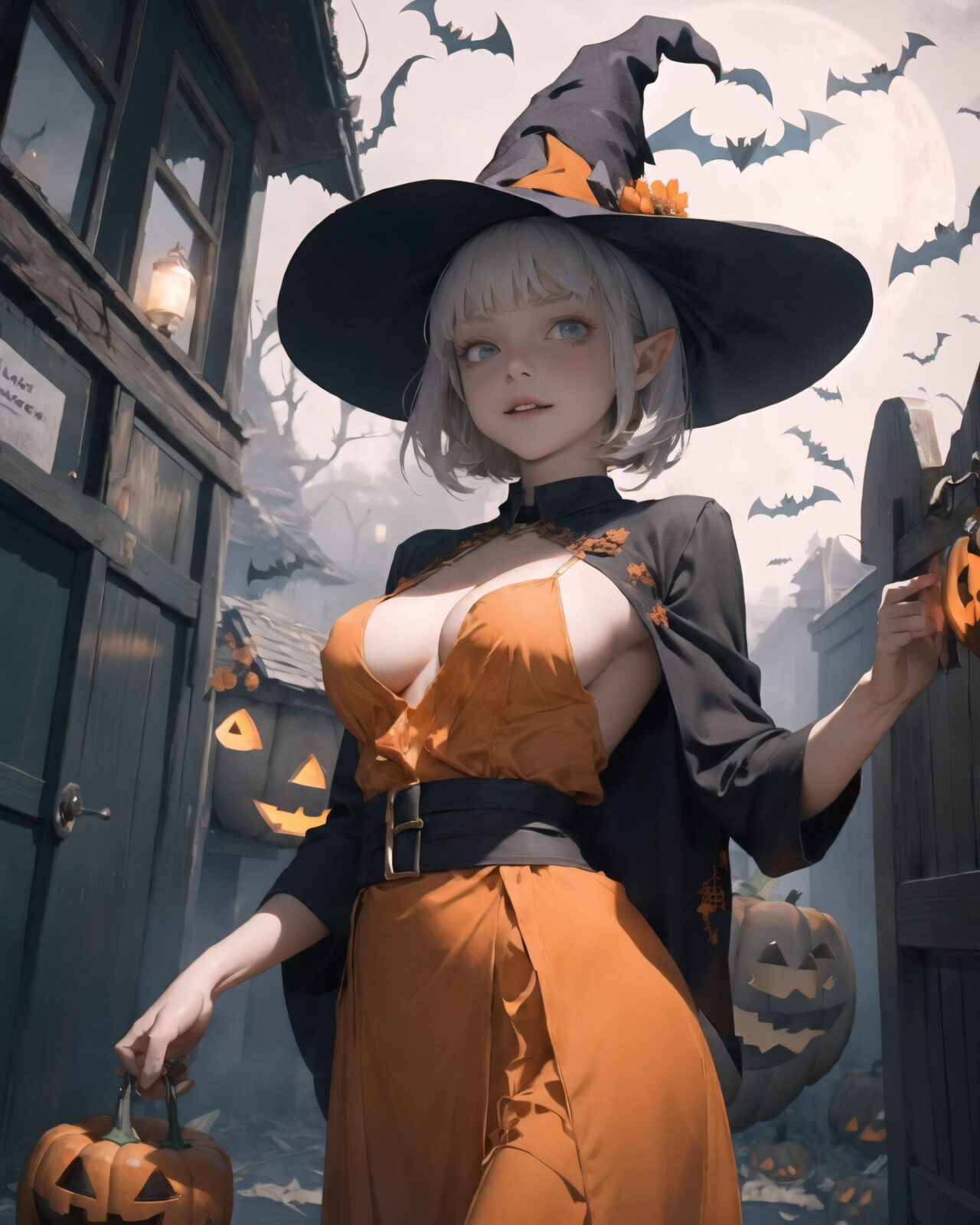 (girl in Halloween costume: 1.7), witch's costume, (Her breasts are completely exposed: 2.0),
big breasts, happiness, depth of field, autumn, In the middle of an American graveyard,
ghosts, skeletons, jack-o'-lanterns and Halloween monsters are frolicking in the background.

A teenage elf girl in a Halloween costume is walking through a quiet, picturesque village at dusk, her cape fluttering in the wind and her breasts exposed in her erotic witch's costume. The sun has set and the sky is tinged with soft purple and orange. The streetlights have been enchanted and are now emitting a gentle light, illuminating the cobbled streets.
The witch girl is wearing a confident smile.
The houses in the background are lined up like dwarves, and some of them have wooden doors with runes carved into them, or gardens with mysterious lanterns. The quaint cottage is decorated with pumpkins and handmade magical ornaments, creating a mysterious yet fun atmosphere. There are mysterious lanterns hanging under the eaves, and a Jack-o'-lantern with an elaborate design carved into the front door.

A girl stands in front of the entrance with a small basket in her hand, (showing her bare breasts to the adults in front of her and tempting them:1.5),

Around her, the maple leaves touched by the magic of the season are falling silently, and the air is filled with a refreshing coolness.
It was a scene that blended fantasy and Halloween elements, a scene that combined the excitement of a Halloween festival in a quirky village with the atmosphere of seasonal magic and a slightly more mature charm.

BLAKE



A 16-year-old fairy girl with an innocent and pure charm,
her innocent expression, gentle smile, shyness,

shy idol-like smile,

dark, deep blue-green eyes that radiate a pure brilliance,
silver hair, stylish short haircut, delicate hair flow, 


a look into the camera, a look that meets the eye, embodying the wonder of a child,

close-up shots,
soft, natural poses, youthful and elegant shots,


a mischievous look, an ideal fusion of innocence and charm,
embodying the popular kawaii girl,
elements of Lolita fashion, fresh and pure poses, exuding natural charm, 


emphasizing her cuteness from a low angle and bringing out the delicate texture of her hair and clothes.
Soft natural light casts a soft shadow, bringing out the contours of her youthful face.


making her stand out clearly.
The shallow depth of field of the 50mm f/1.2 lens creates beautiful depth of field blur with her face in focus.
High resolution, detailed graphics,
vibrant colors, professional quality,


ultra-high resolution, every detail is reproduced clearly, from the individual strands of hair to the intricate weave of the costume.
The vivid contrast of the professional-quality image brings the vivid colors to life.


(EasyNegativeV2: -1.5), (Worst Quality, Low Quality: -1.2),
(Mole: -1.1), (Skin Spot: -1.2), (Freckle: -1.3)
(Poor Hand: -5: -1.2), (Negative Hand: -1.1),