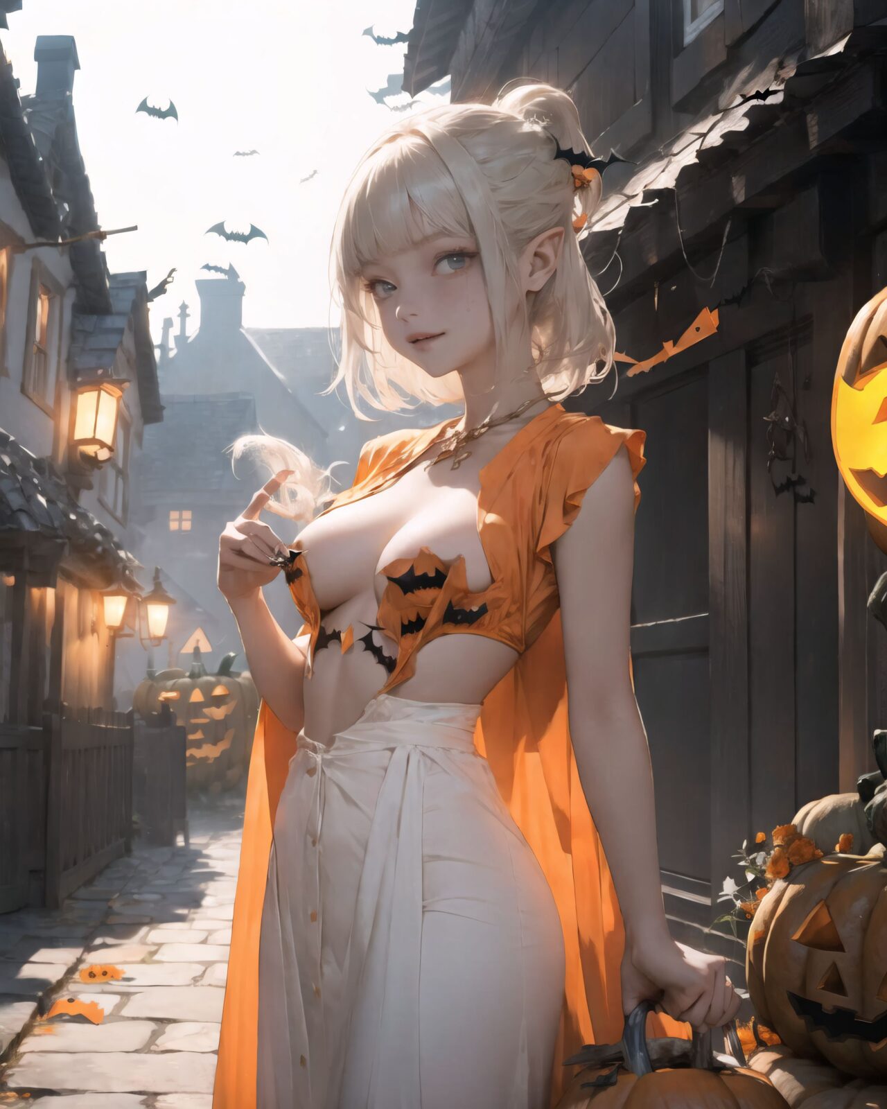 (girl in Halloween costume: 1.7), witch's costume, (Her breasts are completely exposed: 2.0),
big breasts, happiness, depth of field, autumn, In the middle of an American graveyard,
ghosts, skeletons, jack-o'-lanterns and Halloween monsters are frolicking in the background.

A teenage elf girl in a Halloween costume is walking through a quiet, picturesque village at dusk, her cape fluttering in the wind and her breasts exposed in her erotic witch's costume. The sun has set and the sky is tinged with soft purple and orange. The streetlights have been enchanted and are now emitting a gentle light, illuminating the cobbled streets.
The witch girl is wearing a confident smile.
The houses in the background are lined up like dwarves, and some of them have wooden doors with runes carved into them, or gardens with mysterious lanterns. The quaint cottage is decorated with pumpkins and handmade magical ornaments, creating a mysterious yet fun atmosphere. There are mysterious lanterns hanging under the eaves, and a Jack-o'-lantern with an elaborate design carved into the front door.

A girl stands in front of the entrance with a small basket in her hand, (showing her bare breasts to the adults in front of her and tempting them:1.5),

Around her, the maple leaves touched by the magic of the season are falling silently, and the air is filled with a refreshing coolness.
It was a scene that blended fantasy and Halloween elements, a scene that combined the excitement of a Halloween festival in a quirky village with the atmosphere of seasonal magic and a slightly more mature charm.

BLAKE



A 16-year-old fairy girl with an innocent and pure charm,
her innocent expression, gentle smile, shyness,

shy idol-like smile,

dark, deep blue-green eyes that radiate a pure brilliance,
silver hair, stylish short haircut, delicate hair flow, 


a look into the camera, a look that meets the eye, embodying the wonder of a child,

close-up shots,
soft, natural poses, youthful and elegant shots,


a mischievous look, an ideal fusion of innocence and charm,
embodying the popular kawaii girl,
elements of Lolita fashion, fresh and pure poses, exuding natural charm, 


emphasizing her cuteness from a low angle and bringing out the delicate texture of her hair and clothes.
Soft natural light casts a soft shadow, bringing out the contours of her youthful face.


making her stand out clearly.
The shallow depth of field of the 50mm f/1.2 lens creates beautiful depth of field blur with her face in focus.
High resolution, detailed graphics,
vibrant colors, professional quality,


ultra-high resolution, every detail is reproduced clearly, from the individual strands of hair to the intricate weave of the costume.
The vivid contrast of the professional-quality image brings the vivid colors to life.


(EasyNegativeV2: -1.5), (Worst Quality, Low Quality: -1.2),
(Mole: -1.1), (Skin Spot: -1.2), (Freckle: -1.3)
(Poor Hand: -5: -1.2), (Negative Hand: -1.1),