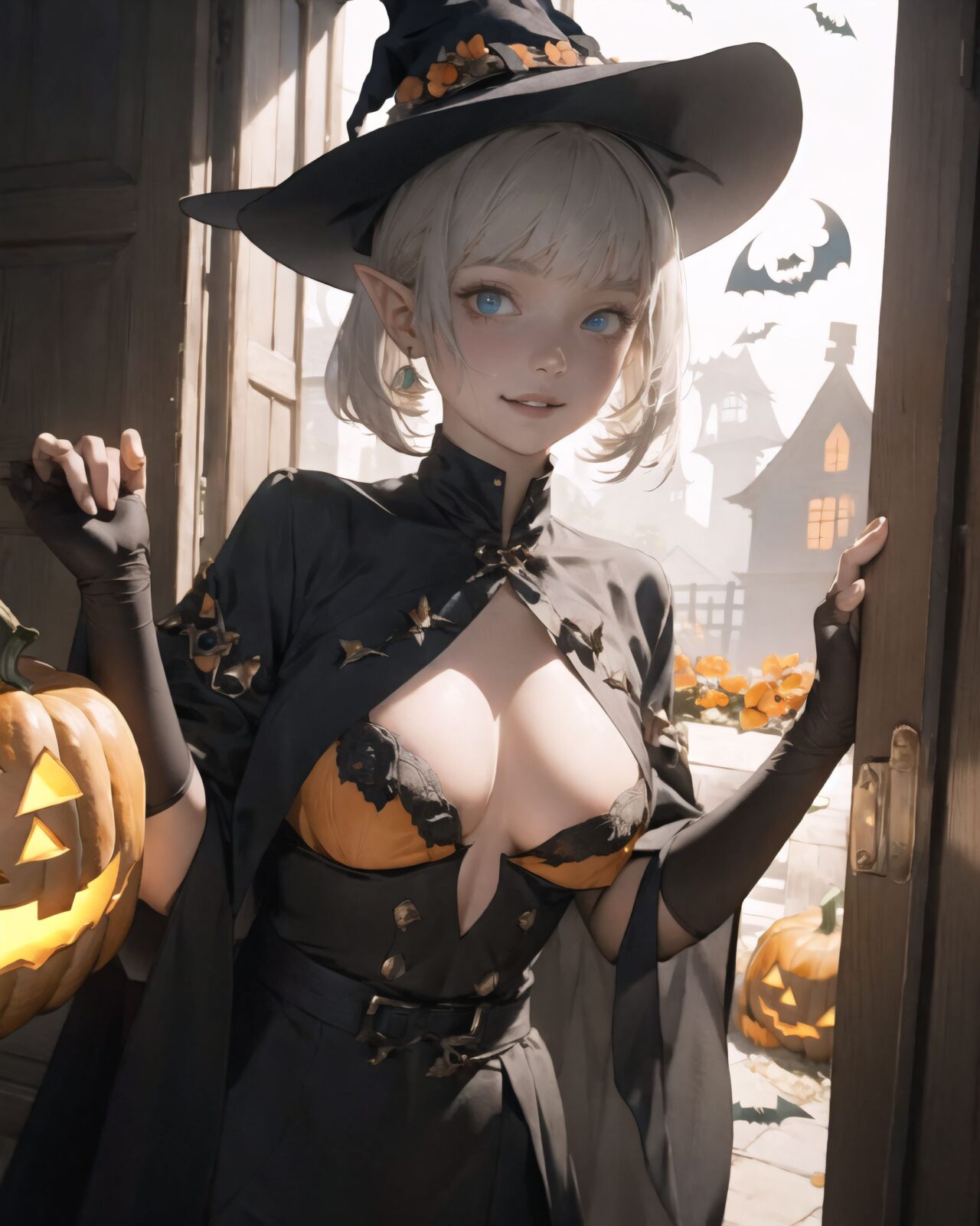 (girl in Halloween costume: 1.7), witch's costume, (Her breasts are completely exposed: 2.0),
big breasts, happiness, depth of field, autumn, In the middle of an American graveyard,
ghosts, skeletons, jack-o'-lanterns and Halloween monsters are frolicking in the background.

A teenage elf girl in a Halloween costume is walking through a quiet, picturesque village at dusk, her cape fluttering in the wind and her breasts exposed in her erotic witch's costume. The sun has set and the sky is tinged with soft purple and orange. The streetlights have been enchanted and are now emitting a gentle light, illuminating the cobbled streets.
The witch girl is wearing a confident smile.
The houses in the background are lined up like dwarves, and some of them have wooden doors with runes carved into them, or gardens with mysterious lanterns. The quaint cottage is decorated with pumpkins and handmade magical ornaments, creating a mysterious yet fun atmosphere. There are mysterious lanterns hanging under the eaves, and a Jack-o'-lantern with an elaborate design carved into the front door.

A girl stands in front of the entrance with a small basket in her hand, (showing her bare breasts to the adults in front of her and tempting them:1.5),

Around her, the maple leaves touched by the magic of the season are falling silently, and the air is filled with a refreshing coolness.
It was a scene that blended fantasy and Halloween elements, a scene that combined the excitement of a Halloween festival in a quirky village with the atmosphere of seasonal magic and a slightly more mature charm.

BLAKE



A 16-year-old fairy girl with an innocent and pure charm,
her innocent expression, gentle smile, shyness,

shy idol-like smile,

dark, deep blue-green eyes that radiate a pure brilliance,
silver hair, stylish short haircut, delicate hair flow, 


a look into the camera, a look that meets the eye, embodying the wonder of a child,

close-up shots,
soft, natural poses, youthful and elegant shots,


a mischievous look, an ideal fusion of innocence and charm,
embodying the popular kawaii girl,
elements of Lolita fashion, fresh and pure poses, exuding natural charm, 


emphasizing her cuteness from a low angle and bringing out the delicate texture of her hair and clothes.
Soft natural light casts a soft shadow, bringing out the contours of her youthful face.


making her stand out clearly.
The shallow depth of field of the 50mm f/1.2 lens creates beautiful depth of field blur with her face in focus.
High resolution, detailed graphics,
vibrant colors, professional quality,


ultra-high resolution, every detail is reproduced clearly, from the individual strands of hair to the intricate weave of the costume.
The vivid contrast of the professional-quality image brings the vivid colors to life.


(EasyNegativeV2: -1.5), (Worst Quality, Low Quality: -1.2),
(Mole: -1.1), (Skin Spot: -1.2), (Freckle: -1.3)
(Poor Hand: -5: -1.2), (Negative Hand: -1.1),