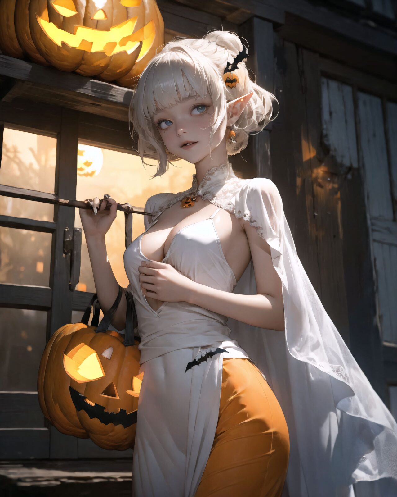 (girl in Halloween costume: 1.7), witch's costume, (Her breasts are completely exposed: 2.0),
big breasts, happiness, depth of field, autumn, In the middle of an American graveyard,
ghosts, skeletons, jack-o'-lanterns and Halloween monsters are frolicking in the background.

A teenage elf girl in a Halloween costume is walking through a quiet, picturesque village at dusk, her cape fluttering in the wind and her breasts exposed in her erotic witch's costume. The sun has set and the sky is tinged with soft purple and orange. The streetlights have been enchanted and are now emitting a gentle light, illuminating the cobbled streets.
The witch girl is wearing a confident smile.
The houses in the background are lined up like dwarves, and some of them have wooden doors with runes carved into them, or gardens with mysterious lanterns. The quaint cottage is decorated with pumpkins and handmade magical ornaments, creating a mysterious yet fun atmosphere. There are mysterious lanterns hanging under the eaves, and a Jack-o'-lantern with an elaborate design carved into the front door.

A girl stands in front of the entrance with a small basket in her hand, (showing her bare breasts to the adults in front of her and tempting them:1.5),

Around her, the maple leaves touched by the magic of the season are falling silently, and the air is filled with a refreshing coolness.
It was a scene that blended fantasy and Halloween elements, a scene that combined the excitement of a Halloween festival in a quirky village with the atmosphere of seasonal magic and a slightly more mature charm.

BLAKE



A 16-year-old fairy girl with an innocent and pure charm,
her innocent expression, gentle smile, shyness,

shy idol-like smile,

dark, deep blue-green eyes that radiate a pure brilliance,
silver hair, stylish short haircut, delicate hair flow, 


a look into the camera, a look that meets the eye, embodying the wonder of a child,

close-up shots,
soft, natural poses, youthful and elegant shots,


a mischievous look, an ideal fusion of innocence and charm,
embodying the popular kawaii girl,
elements of Lolita fashion, fresh and pure poses, exuding natural charm, 


emphasizing her cuteness from a low angle and bringing out the delicate texture of her hair and clothes.
Soft natural light casts a soft shadow, bringing out the contours of her youthful face.


making her stand out clearly.
The shallow depth of field of the 50mm f/1.2 lens creates beautiful depth of field blur with her face in focus.
High resolution, detailed graphics,
vibrant colors, professional quality,


ultra-high resolution, every detail is reproduced clearly, from the individual strands of hair to the intricate weave of the costume.
The vivid contrast of the professional-quality image brings the vivid colors to life.


(EasyNegativeV2: -1.5), (Worst Quality, Low Quality: -1.2),
(Mole: -1.1), (Skin Spot: -1.2), (Freckle: -1.3)
(Poor Hand: -5: -1.2), (Negative Hand: -1.1),