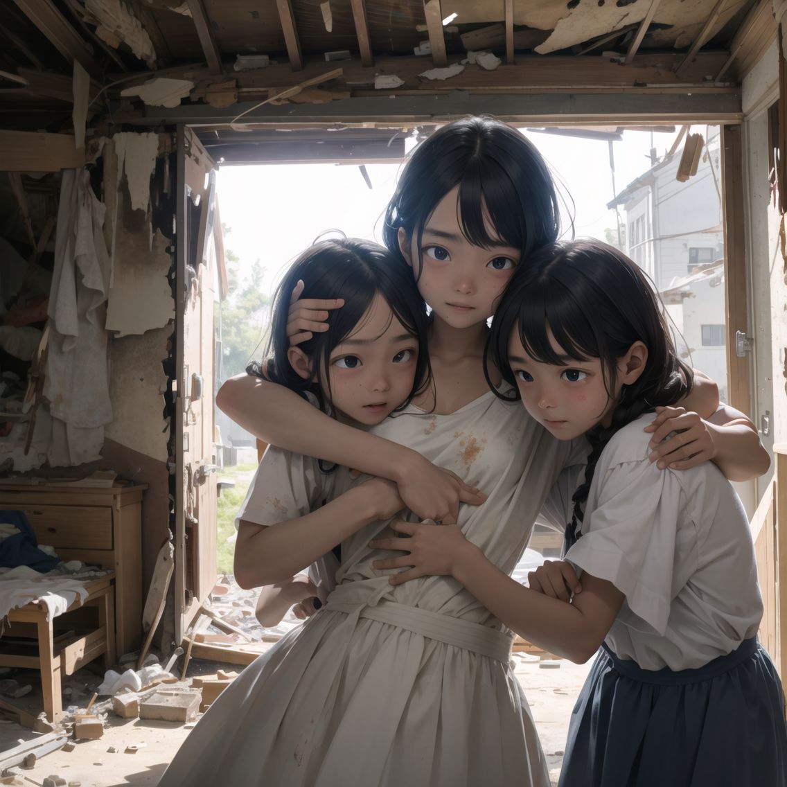 injured elder sister returning,
Welcomed joyfully by her younger sisters,
Amidst the wreckage of their once cherished home,

Elder sister, battered and bruised, yet carrying an aura of resilience,
Younger sisters, faces brightening with joy upon seeing their returned sibling,
Tender embraces amidst the ruins, a glimmer of hope in the devastation,

Background of their shattered home, a stark reminder of the battle's toll,
Pieces of their former life scattered around, yet the reunion brings a moment of warmth,
Expressions of relief and love, overshadowing the grimness of their surroundings,

Soft, warm lighting focusing on the siblings, creating a beacon of hope in the darkness,
Close-up shots capturing the emotional reunion, tears mixing with smiles,
Camera movements gentle and nurturing, focusing on the bond between the sisters against the backdrop of their ruined home,

High-resolution,
Extremely detailed CG,
8K quality in 2.5D,