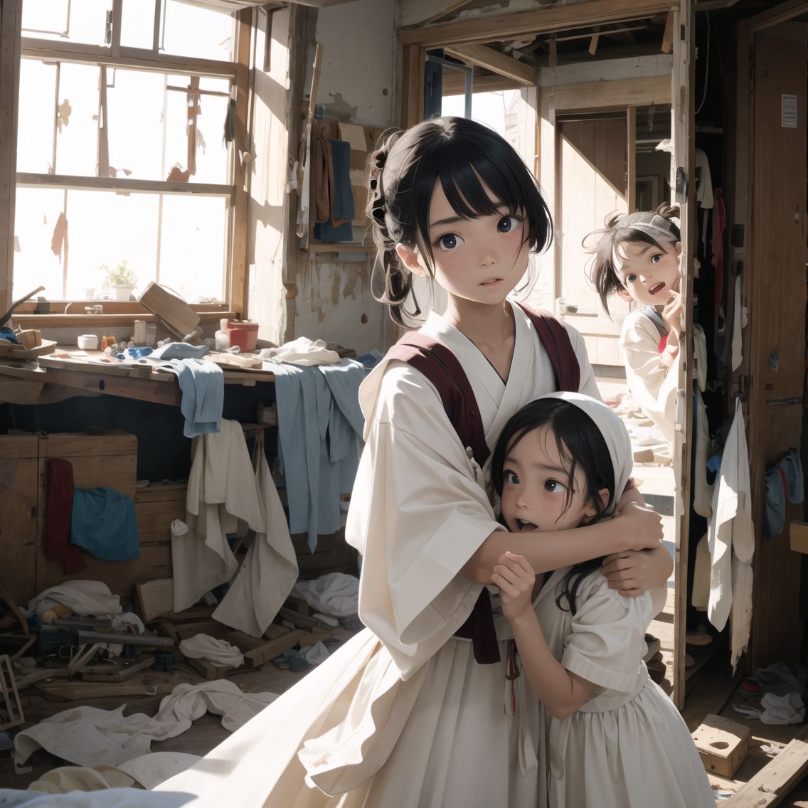 injured elder sister returning,
Welcomed joyfully by her younger sisters,
Amidst the wreckage of their once cherished home,

Elder sister, battered and bruised, yet carrying an aura of resilience,
Younger sisters, faces brightening with joy upon seeing their returned sibling,
Tender embraces amidst the ruins, a glimmer of hope in the devastation,

Background of their shattered home, a stark reminder of the battle's toll,
Pieces of their former life scattered around, yet the reunion brings a moment of warmth,
Expressions of relief and love, overshadowing the grimness of their surroundings,

Soft, warm lighting focusing on the siblings, creating a beacon of hope in the darkness,
Close-up shots capturing the emotional reunion, tears mixing with smiles,
Camera movements gentle and nurturing, focusing on the bond between the sisters against the backdrop of their ruined home,

High-resolution,
Extremely detailed CG,
8K quality in 2.5D,

BLAKE,
Portraying beautiful Japanese anime girls in 2.5D,
She is an idol cosplayer,
Image shows a publicity still shot of a scene from the film,
Shot to make her look good as the main character in the film,

Close-up shot,
Cowboy shot,
Camera eye,
She has a natural talent for captivating the reader,
She makes the most charming, photographed expressions,
Innocence,
Able to make flirtatious facial expressions,
Embodies the image of a girl who is acceptable to men,
Lolita taste,
Fresh poses of pure and innocent girls,

Shooting on an open set,
Professional equipment,
High-quality work by first-class photographers, lighting designers and make-up artists,
Screen composition with attention to detail,