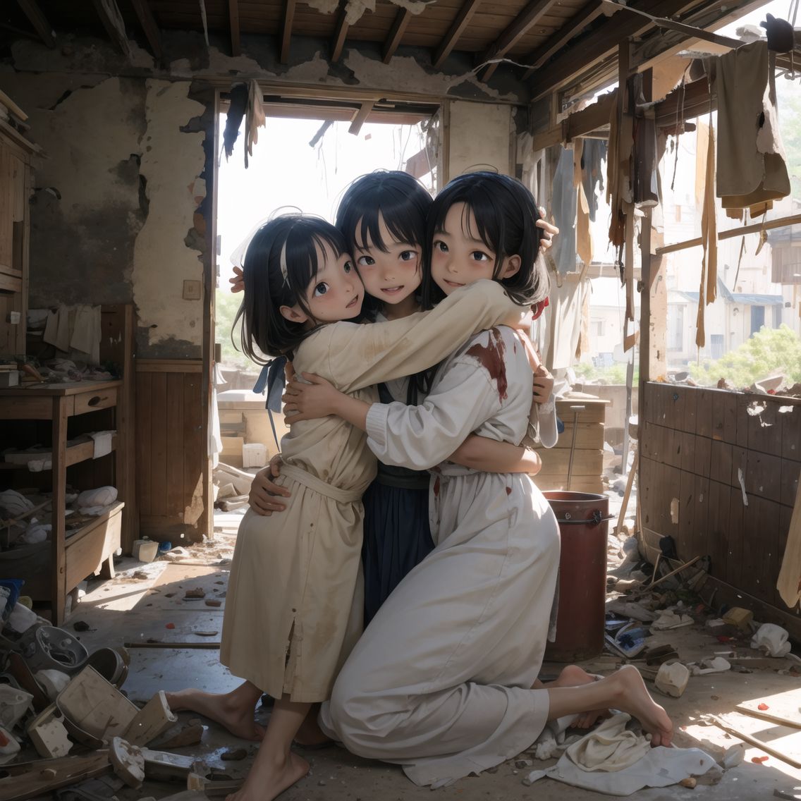 injured elder sister returning,
Welcomed joyfully by her younger sisters,
Amidst the wreckage of their once cherished home,

Elder sister, battered and bruised, yet carrying an aura of resilience,
Younger sisters, faces brightening with joy upon seeing their returned sibling,
Tender embraces amidst the ruins, a glimmer of hope in the devastation,

Background of their shattered home, a stark reminder of the battle's toll,
Pieces of their former life scattered around, yet the reunion brings a moment of warmth,
Expressions of relief and love, overshadowing the grimness of their surroundings,

Soft, warm lighting focusing on the siblings, creating a beacon of hope in the darkness,
Close-up shots capturing the emotional reunion, tears mixing with smiles,
Camera movements gentle and nurturing, focusing on the bond between the sisters against the backdrop of their ruined home,

High-resolution,
Extremely detailed CG,
8K quality in 2.5D,