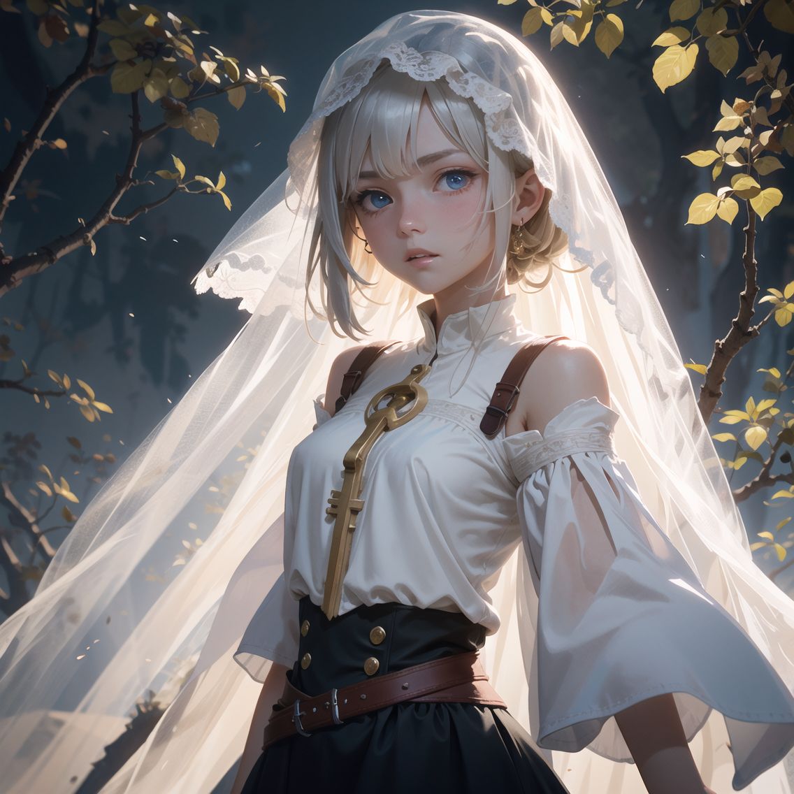 Elven girl,
16 years old,
Long silver, blonde hair,
Pale blue eyes,
Face covered with a transparent protective veil,
expression showing determination and hope,
Medium shot, cowboy shot, shot showing up to her thighs,
Frontal shot capturing her expressive face,
protective rune-patterned veil around her shoulders,
Background of old trees and mysterious mist,
Glowing mushrooms and magical plants faintly illuminate her face,
The veil flutters in the wind, adding movement,
Soft golden light accentuates her features and suggests guidance,
The camera focuses on her upper body, emphasising clarity and emotion,
The natural ambient light and magical highlights highlight her determination,

Blake.
High resolution,
Highly detailed CG,
8K quality in 2.5D,
Idol cosplayers,
Image captures a key moment of emotional depth in a fantasy story,
upper-body shots designed to emphasise her role as a central character,
Camera Lady, which expresses her resilience and the magic of the veil,
Her face tells a story of courage and the quest for freedom,
ethereal beauty framed by the magical elements around her,
The composition balances intimacy with the vast mystery of her journey,

The images are shot in a fairytale-like setting, reflecting moments of intense personal discovery,
Produced by a team of professional photographers, lighting specialists and visual effects artists using high-end equipment,
Meticulously designed to capture the moving and magical moments of her story.